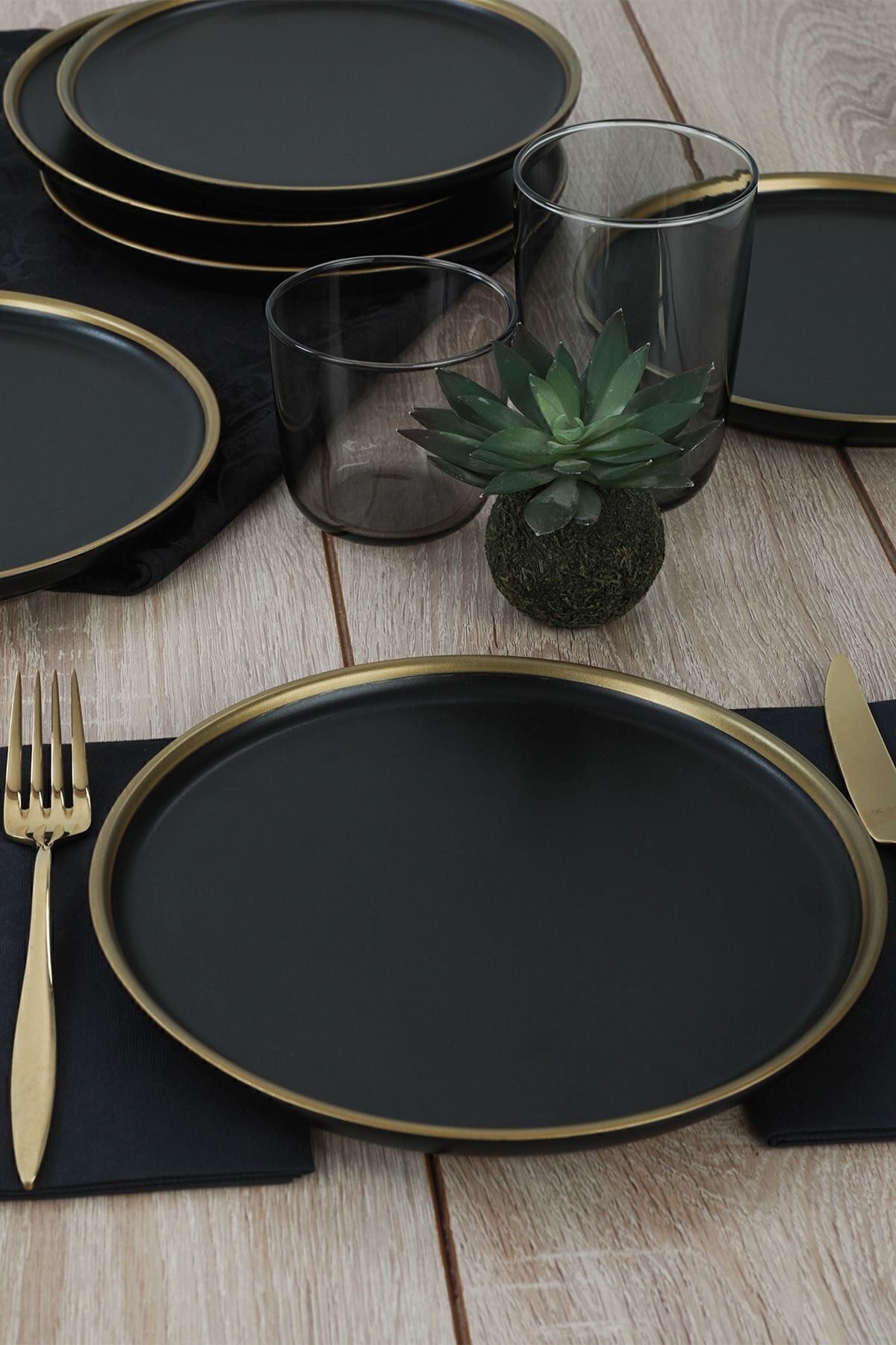 Keramika Matte Black Gold File Nordic Pasta Plate 22 cm Set of 6 1