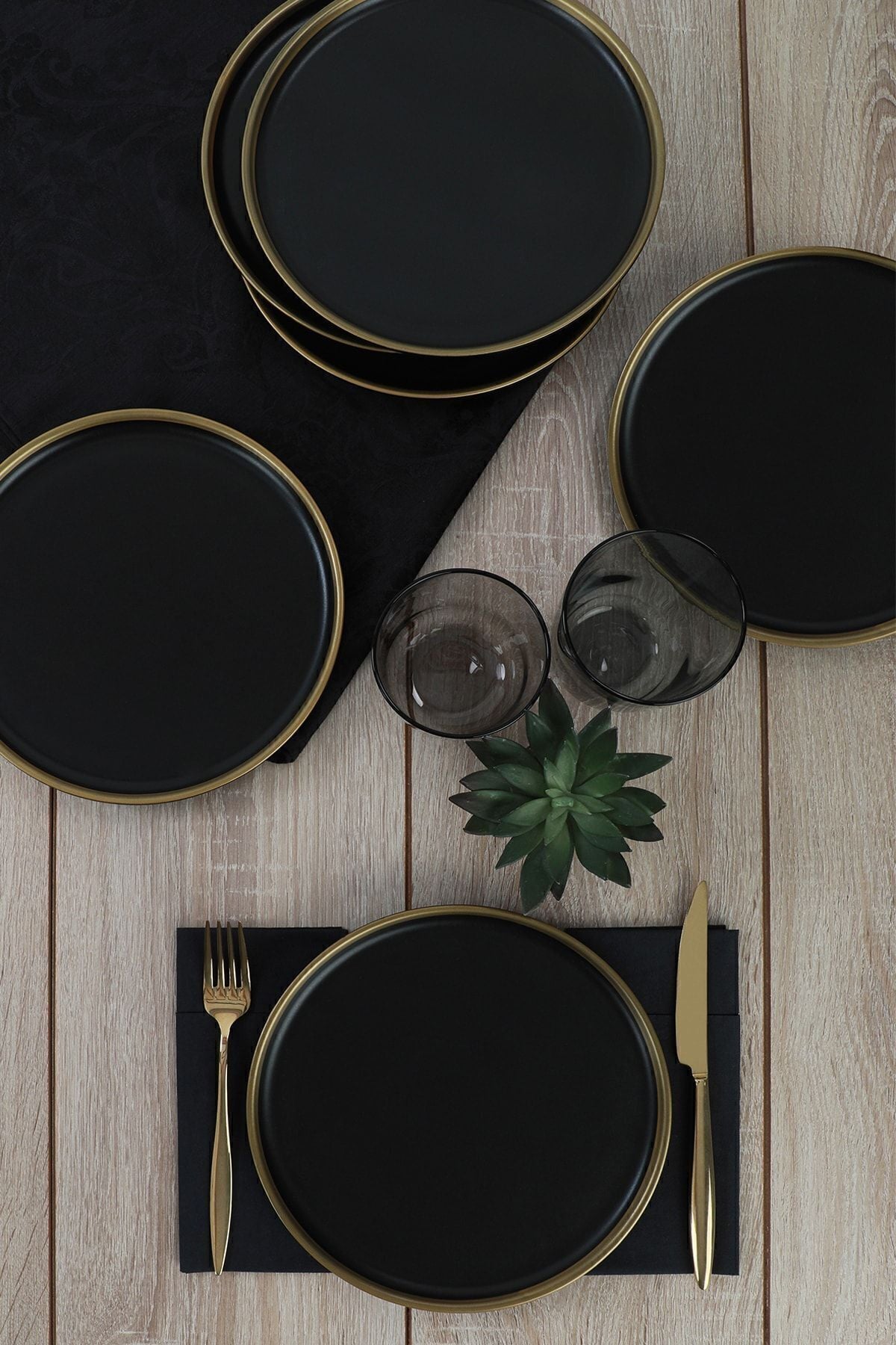 Keramika Matte Black Gold File Nordic Pasta Plate 22 cm Set of 6 2