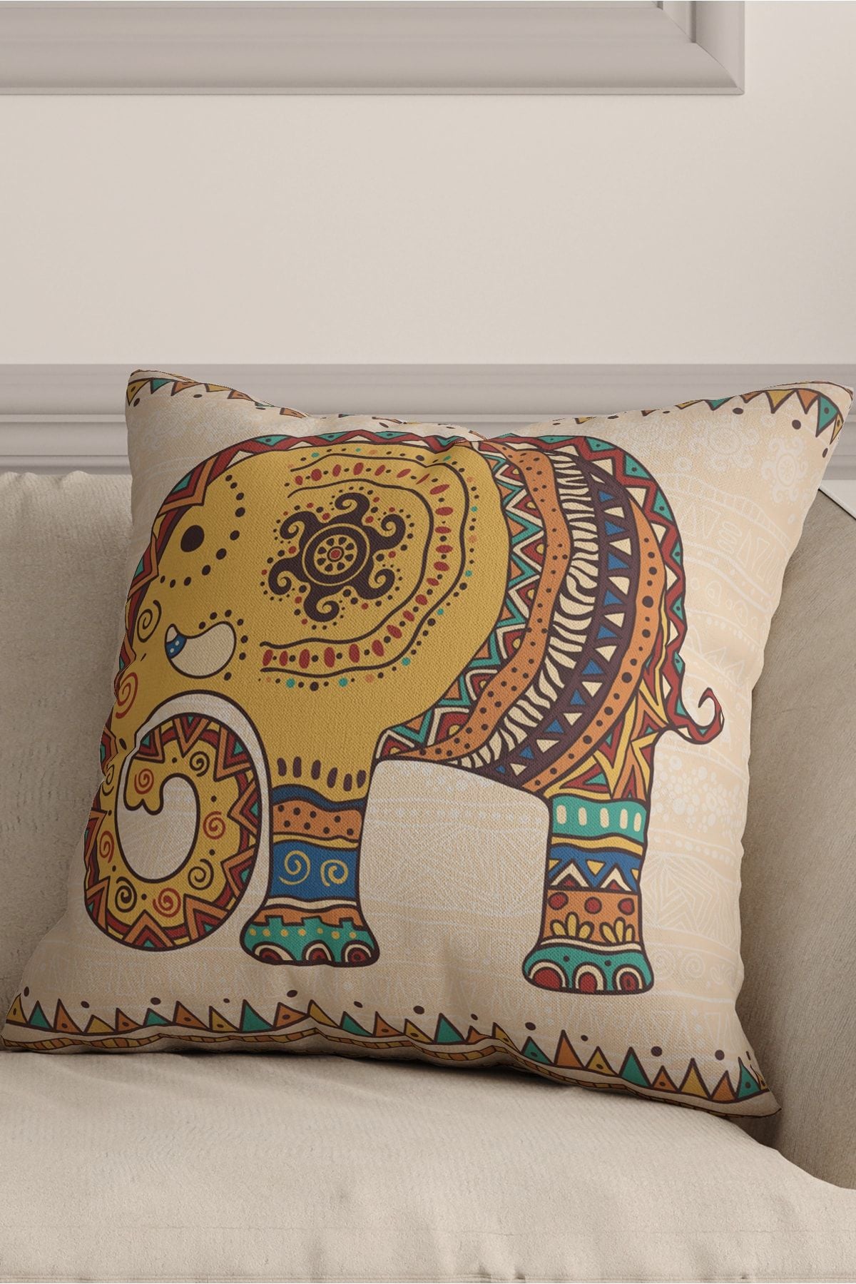 SasoHome Cream Ethnic Indian Embroidered Elephant Pattern 3D Digital Print Cushion Cover 5