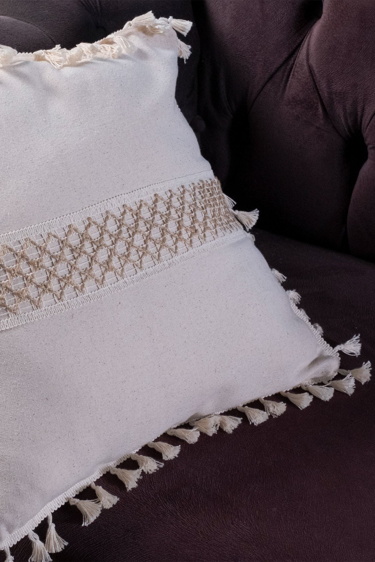 Vivamaison Single Special Design Jute Lace Tassel Linen Pillow Cover 43x43 cm 3