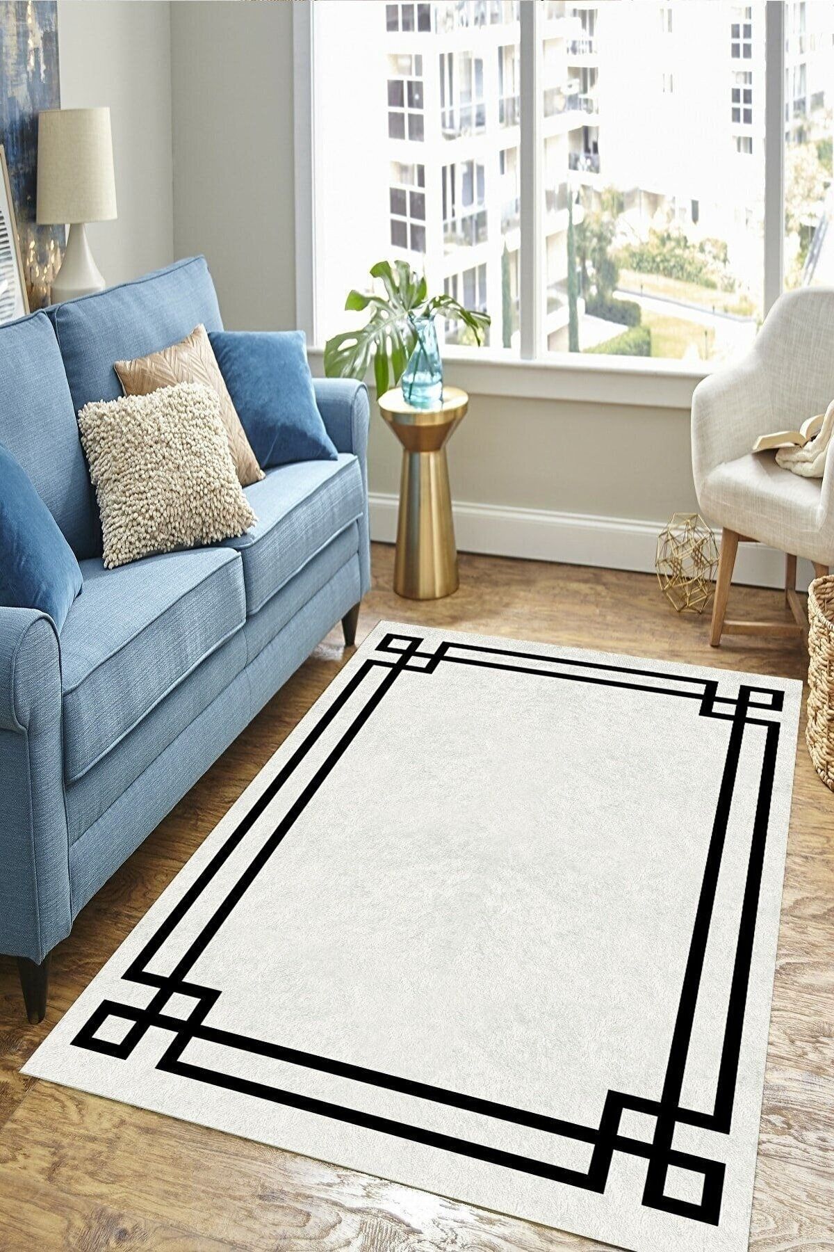 Adella Home Adella Digital Printed Non-Slip Washable Black Striped White Runner And Living Room Rug 2