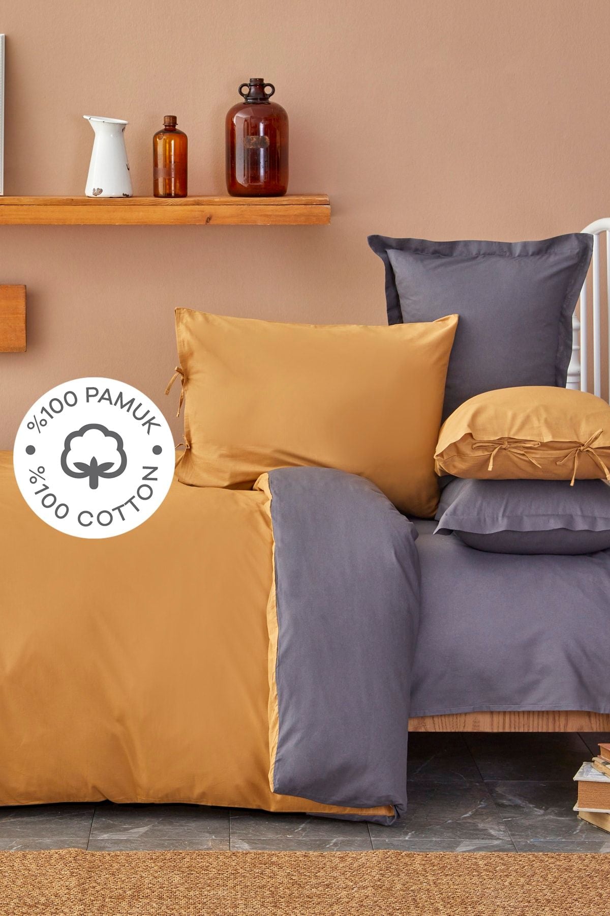 Karaca Home Mustard Anthracite Double-Sided Double Duvet Cover Set 1