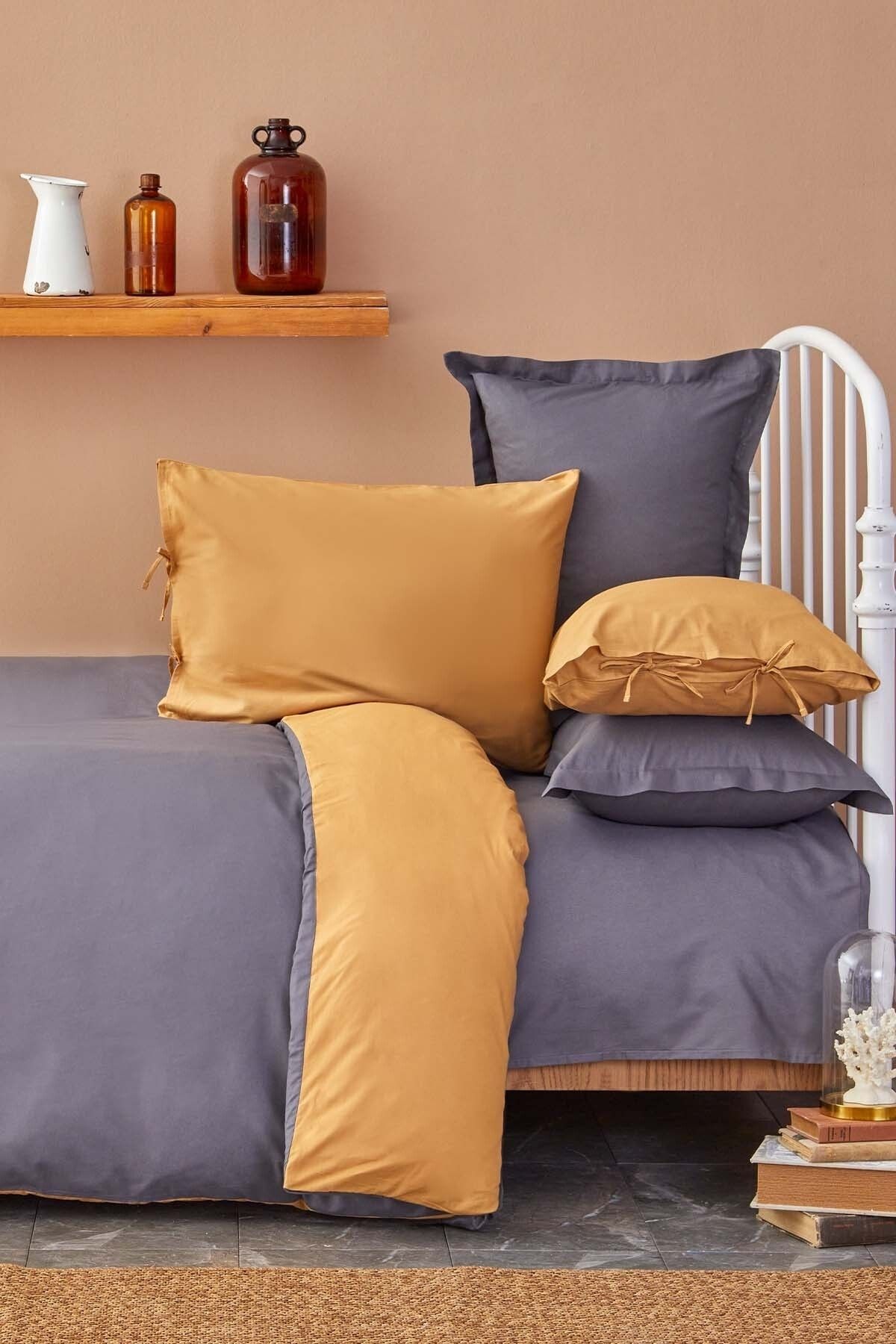 Karaca Home Mustard Anthracite Double-Sided Double Duvet Cover Set 2