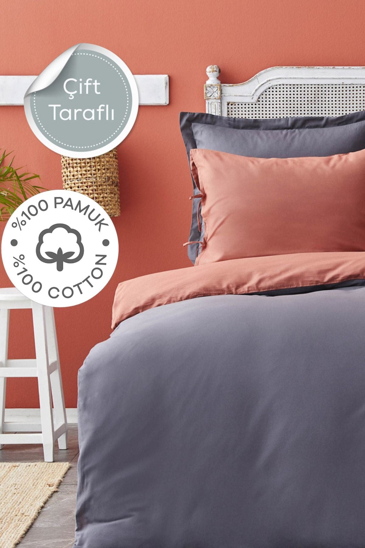 Karaca Home Basic Anthracite Terracotta Double-Sided Double Duvet Cover Set 1