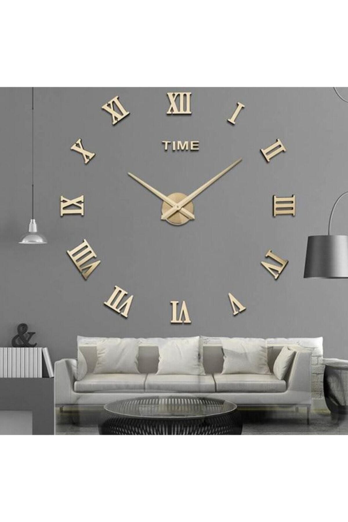 Odun Marketi Wall Clock Large Size 3D Roman Numeral Wall Clock Gold 3