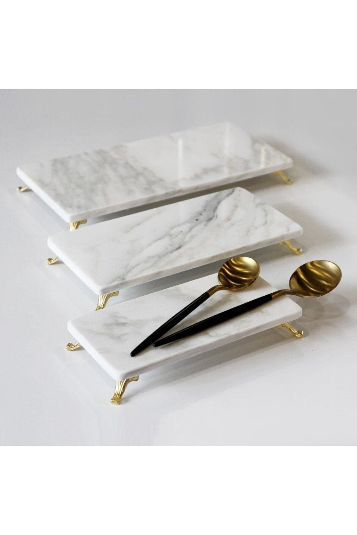 Modestmar Natural Calacatta Marble 3-Piece Serving Set, Gold Legged Serving Set 2