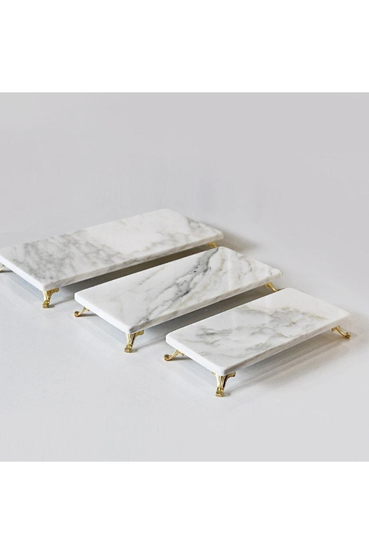 Modestmar Natural Calacatta Marble 3-Piece Serving Set, Gold Legged Serving Set 3