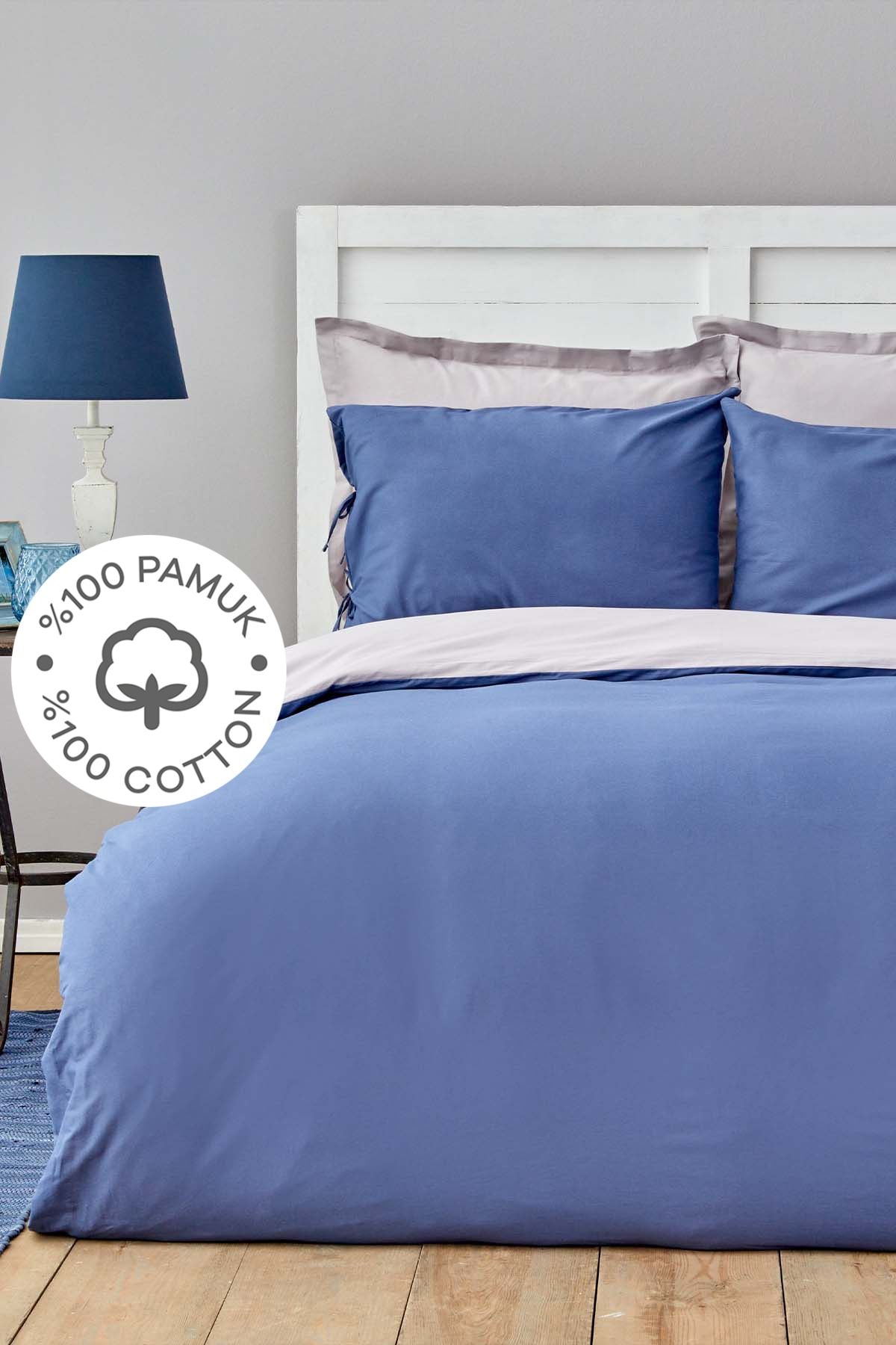 Karaca Home Basic Grey Indigo 100% Cotton Double-Sided Double Duvet Cover Set 1