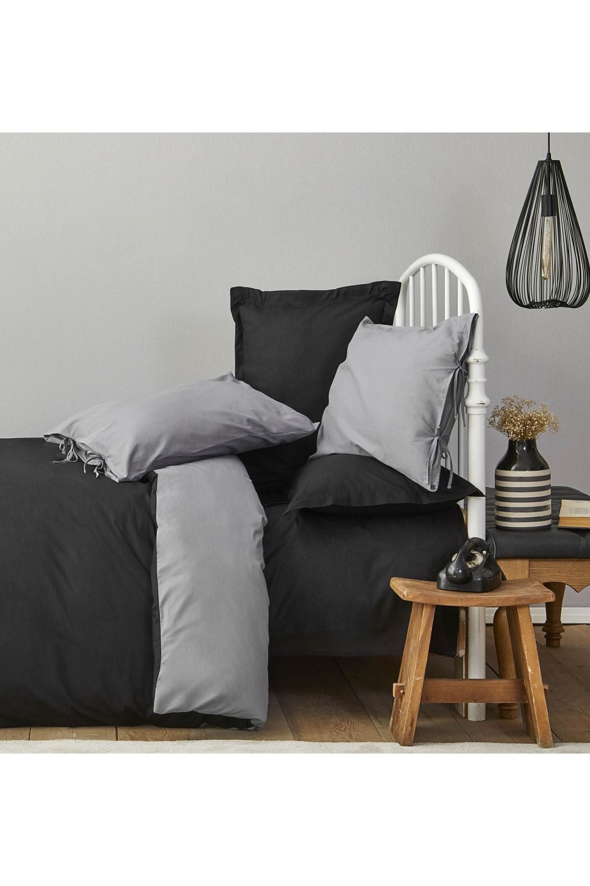 Karaca Home Basic Black Dark Gray 100% Cotton Double-Sided Double Duvet Cover Set 1