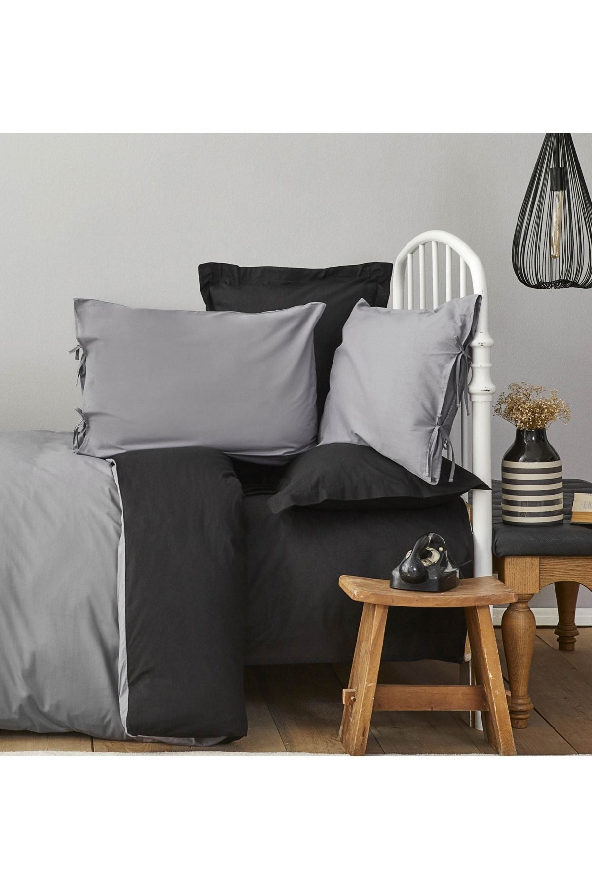 Karaca Home Basic Black Dark Gray 100% Cotton Double-Sided Double Duvet Cover Set 4