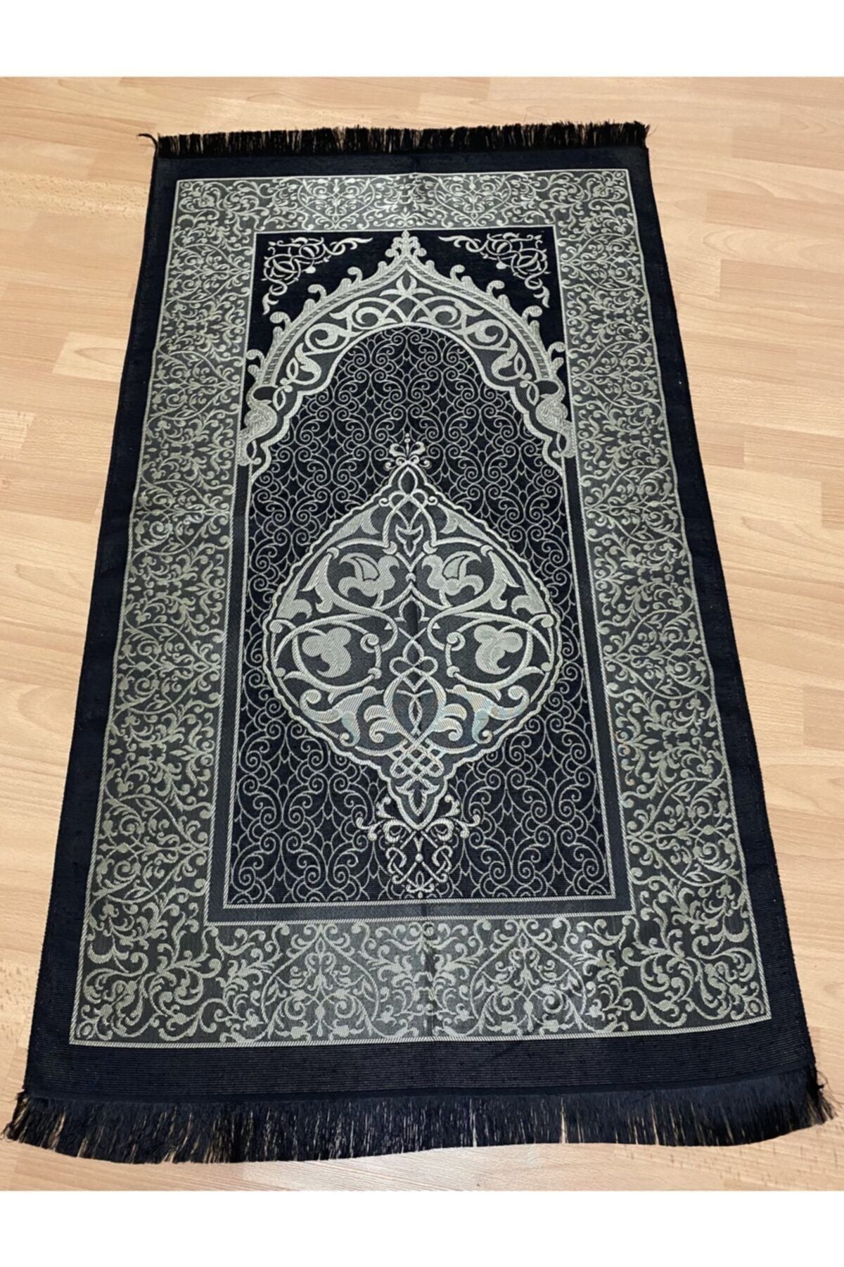 AYHANHOME Patterned Fringed Gift Taffeta Black Prayer Rug 1