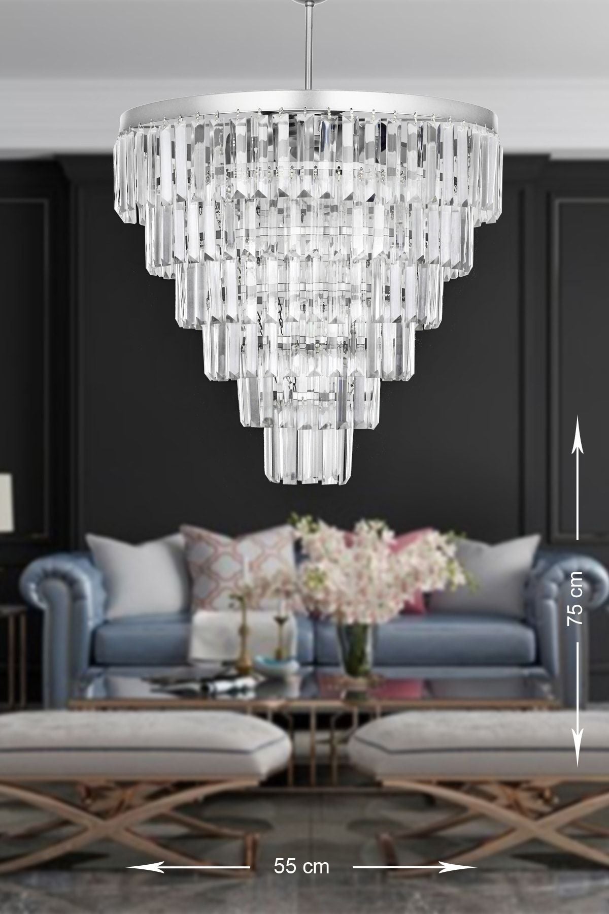 Avizemoda Linsa 55 Cm Crystal Glass Luxury Chandelier - (Silver Gilt) 1