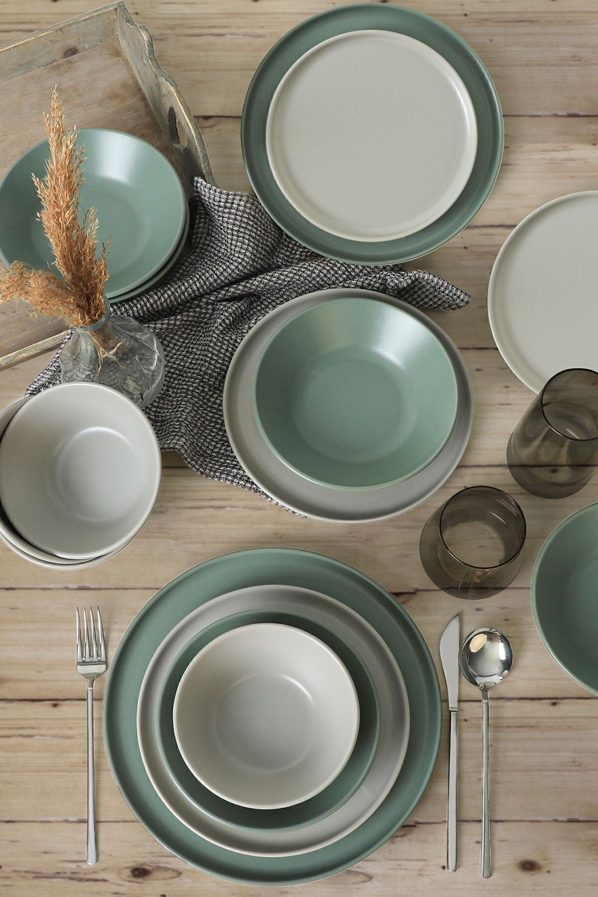 Keramika Mat Gray - Matte Green Nordic Dinner Set for 6 People 24 Pieces 1