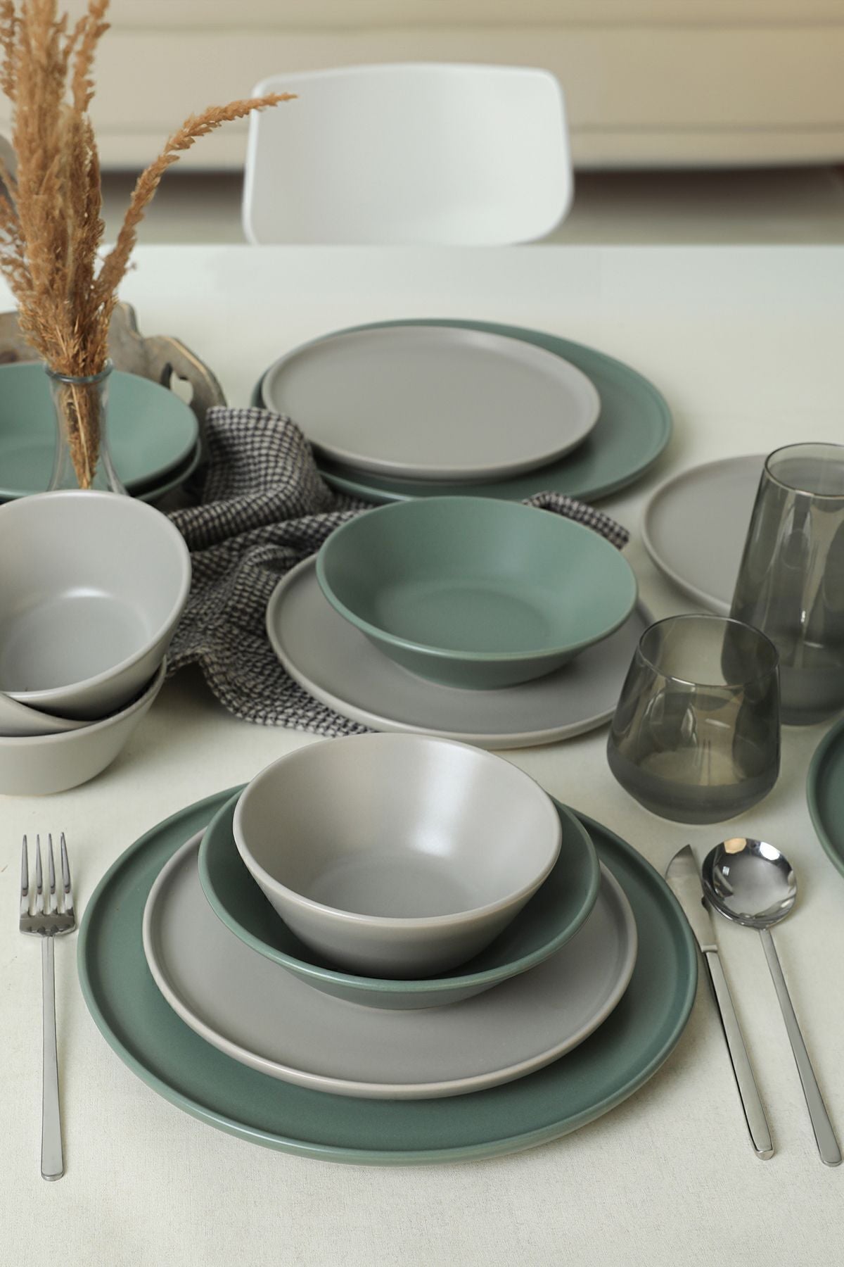 Keramika Mat Gray - Matte Green Nordic Dinner Set for 6 People 24 Pieces 3