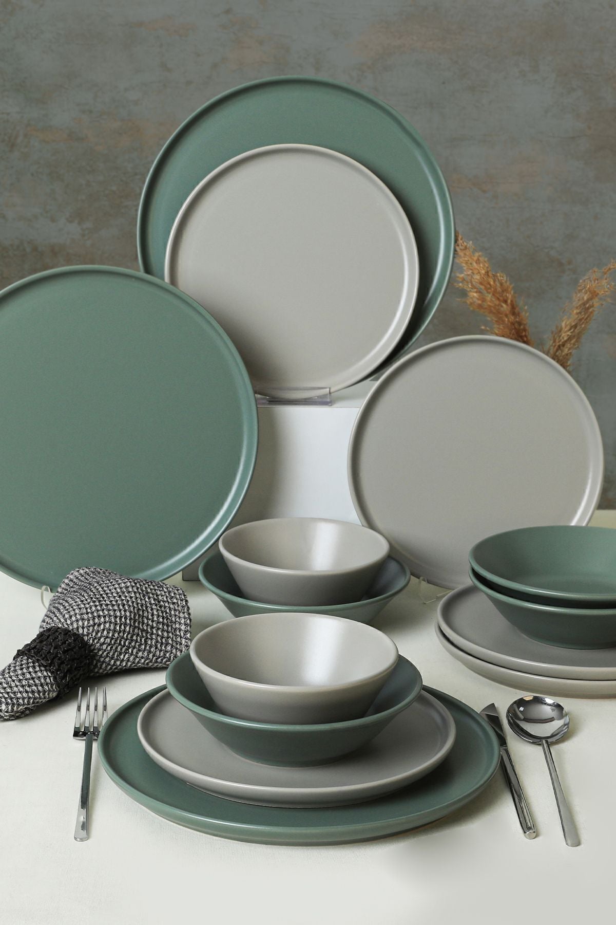 Keramika Mat Gray - Matte Green Nordic Dinner Set for 6 People 24 Pieces 6