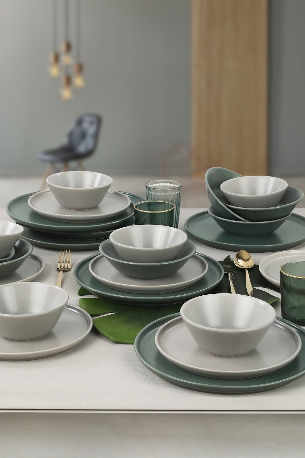 Keramika Mat Gray - Matte Green Nordic Dinner Set for 6 People 24 Pieces 7