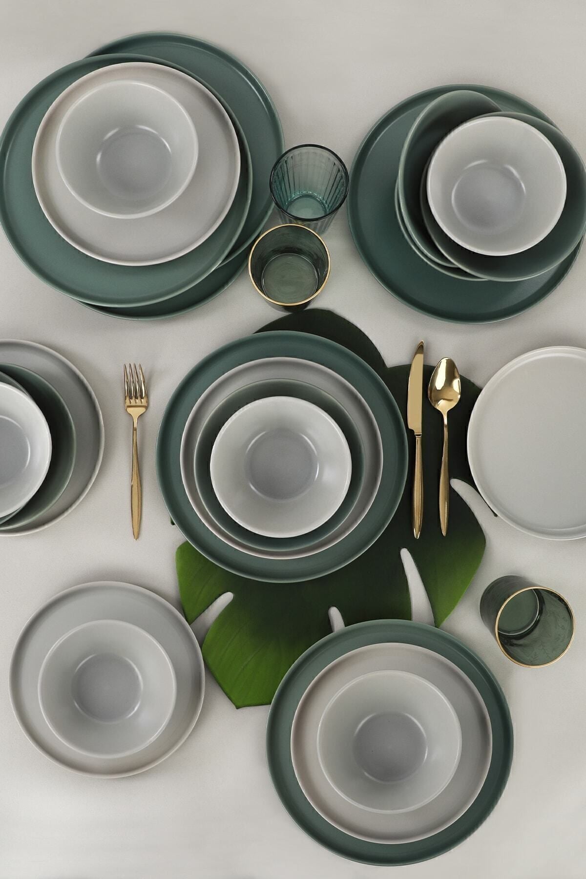 Keramika Mat Gray - Matte Green Nordic Dinner Set for 6 People 24 Pieces 8