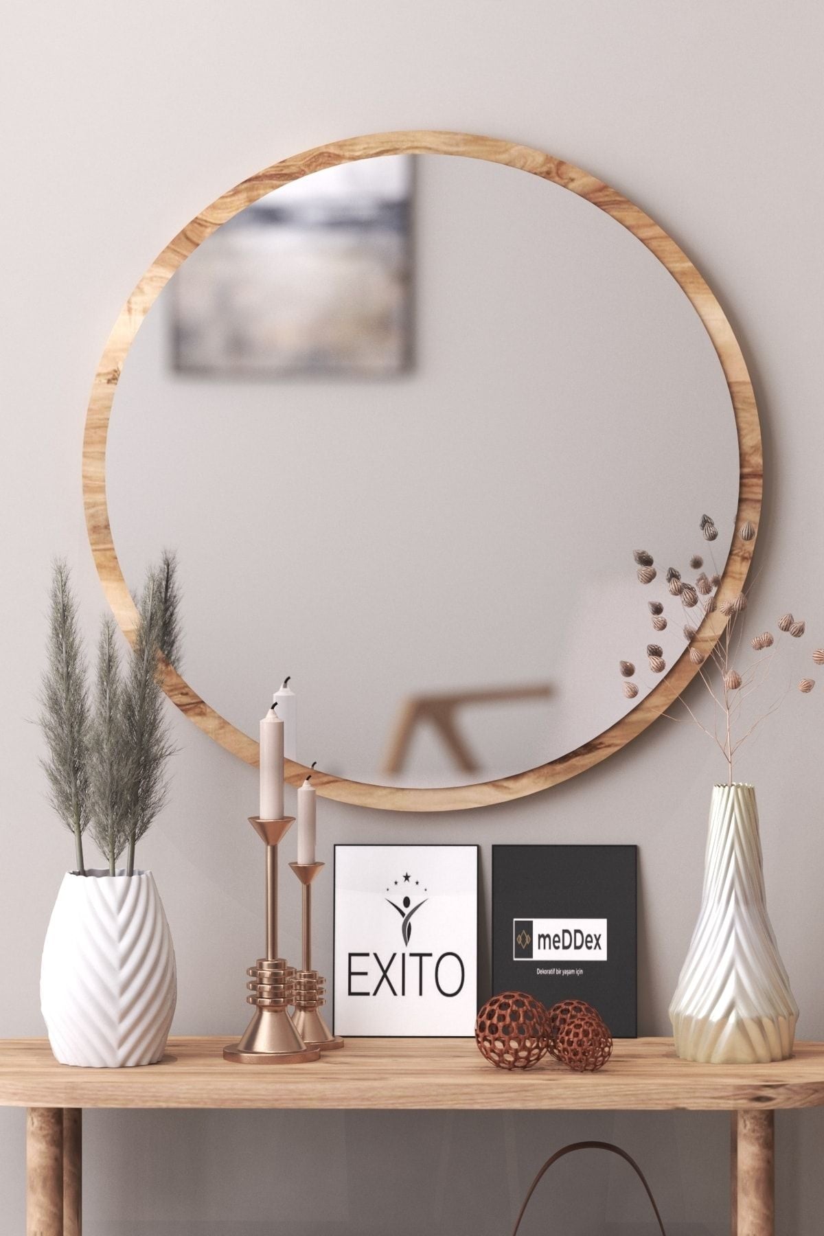 meDDex 58 Cm Round Mirror for Entryway, Hallway, Corridor, Living Room, Kitchen, Bathroom, WC, Office 58 Walnut Mirror 2