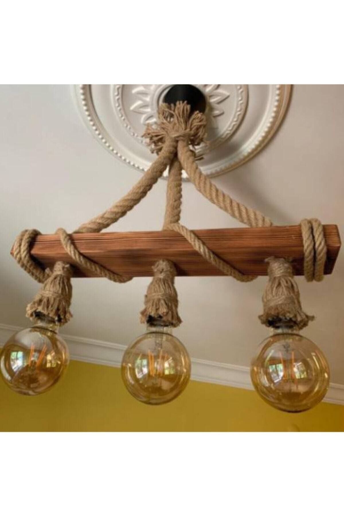 AhşapSepeti Wooden Chandelier Decorative Rope Wooden Chandelier 3 Lights Wooden Pendant Chandelier 2