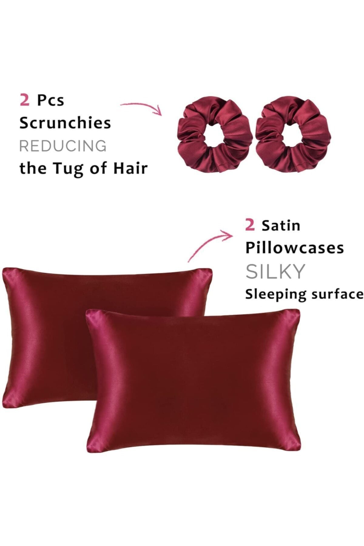 Tinybabyconcept 100% Silk Satin 50x70 Cm 2 Pillowcases & 2 Hair Ties Burgundy Color 2