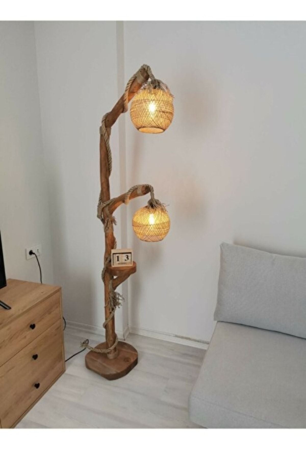 SİDRE WOOD ART Wooden Floor Lamp Natural Wood Laurel Series 140-150 cm Two Spheres 1