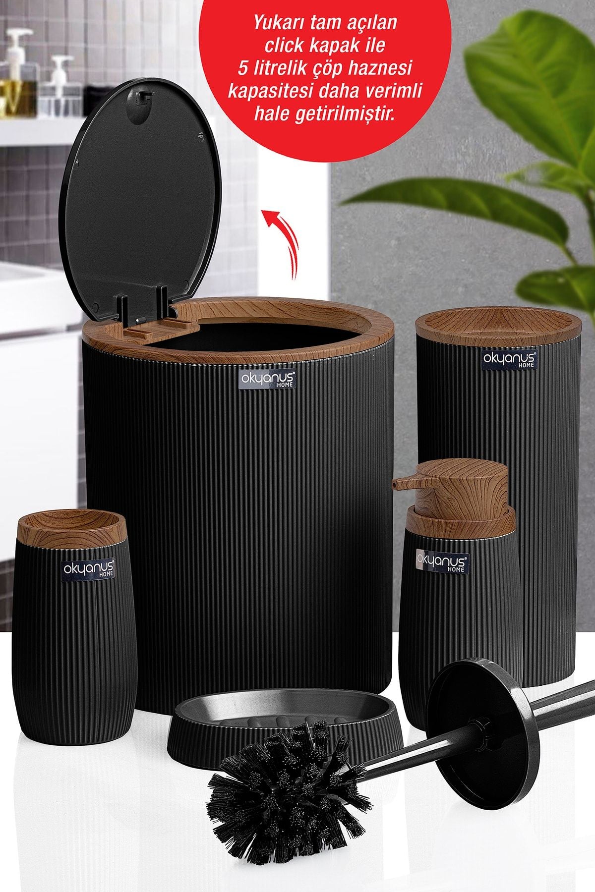 Okyanus Home Black Wooden Striped Round 5-Piece Bathroom Set 3