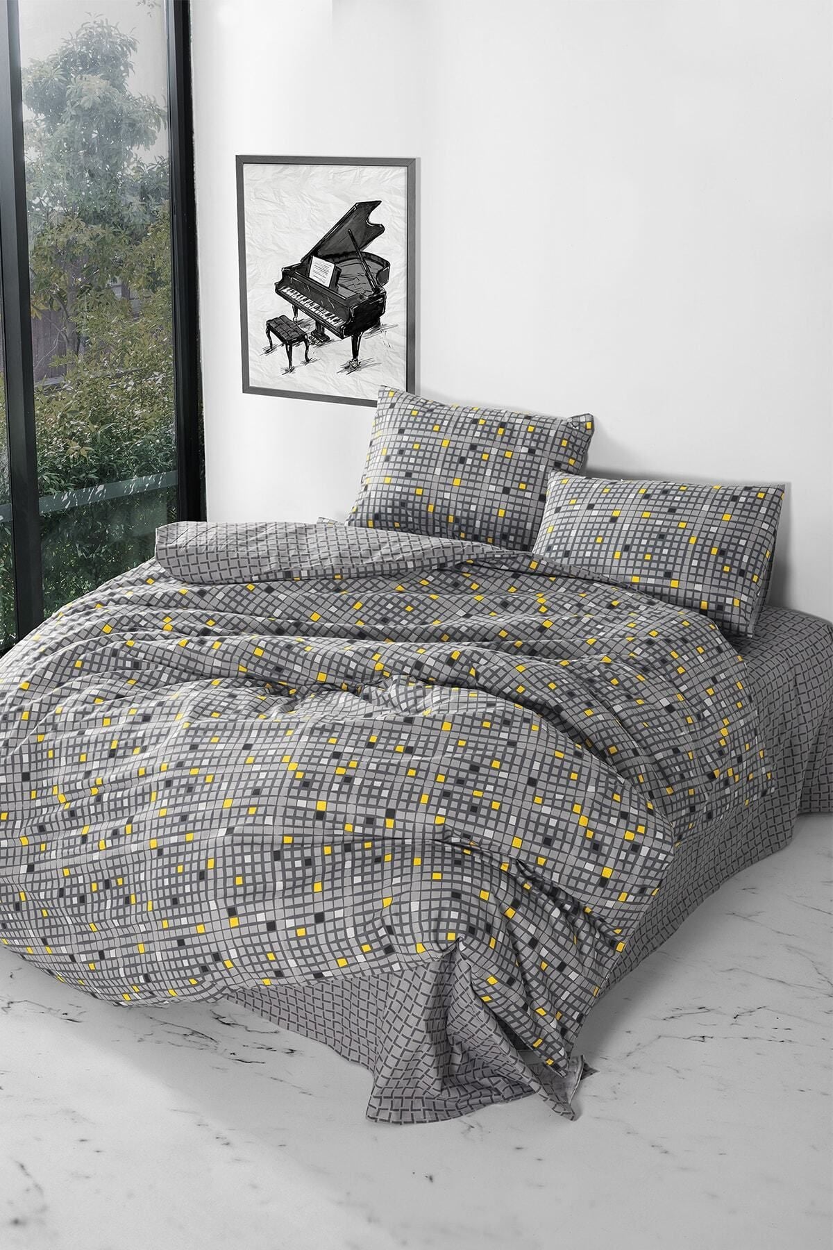 Casa Carina Ranforce Double Fitted Sheet Duvet Cover Set Dama Yellow 3