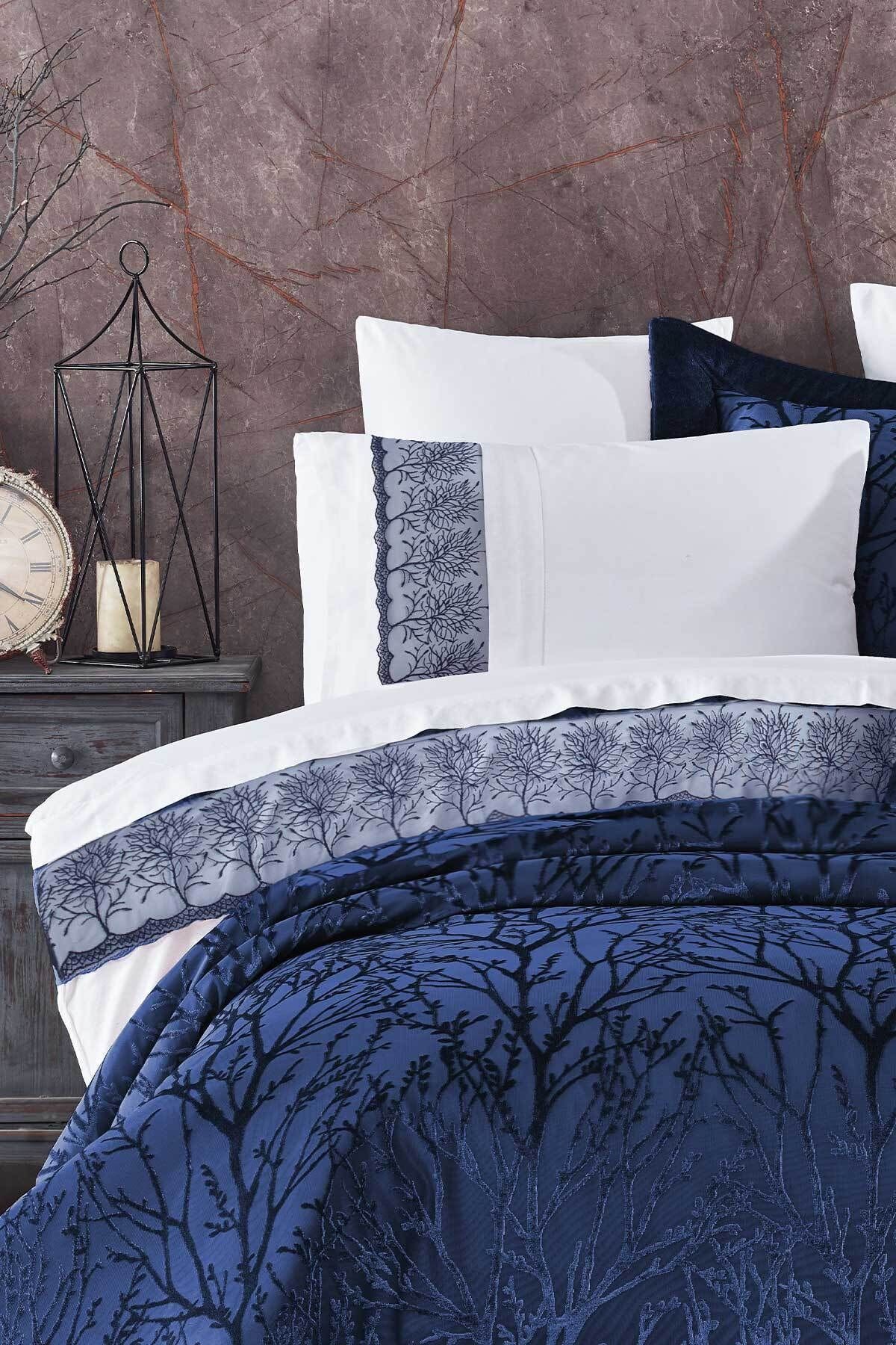 Elart Bridal Package 10 Pieces (Bedspread + Duvet Cover Set + Blanket) Bahar Navy 2