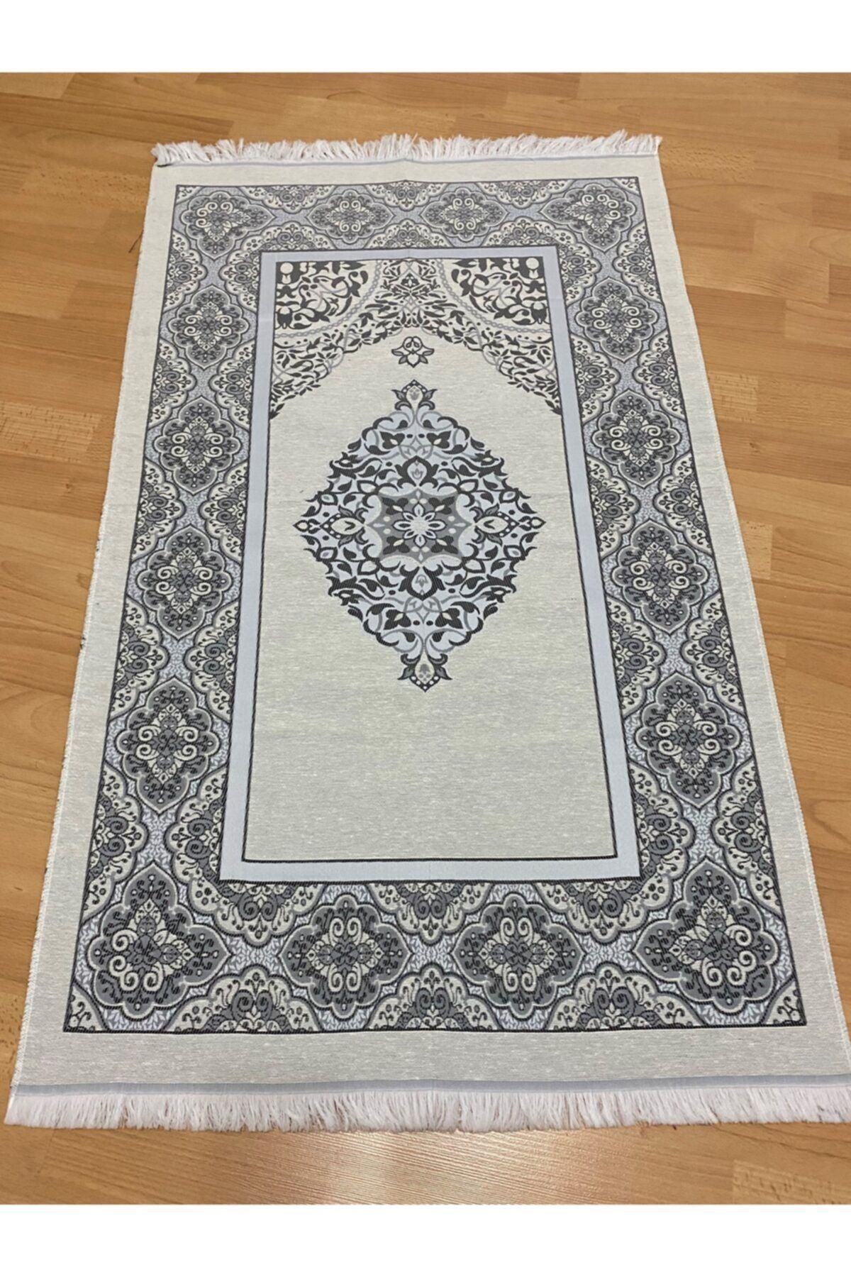 AYHANHOME Patterned Fringed Giftable Taffeta Gray Prayer Rug 1