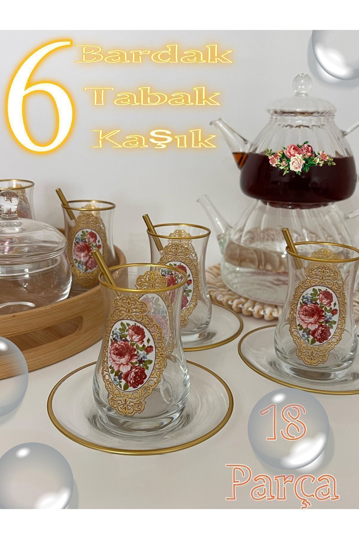 SAMSA Altın Gül Desenli Model Cam Bardak Tabak 6 Kişilik Çay Seti 6 Person Tea Set 6