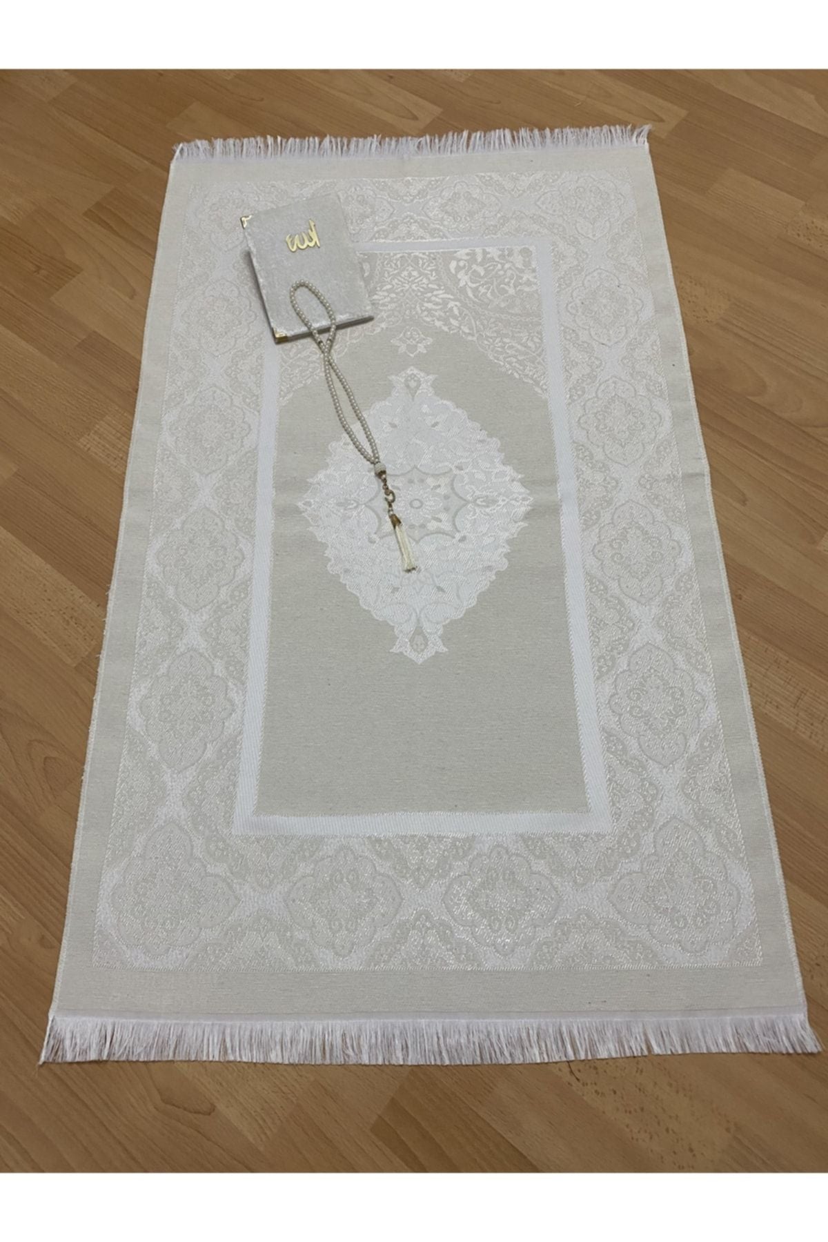 AYHANHOME Gift Tafta Fringed Cream Prayer Rug Set 2