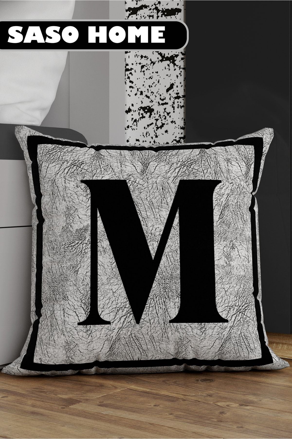 SasoHome Grey Letter Pillow Cover - M Letter - Grey Background Decorative Gift Pillow Cover 1