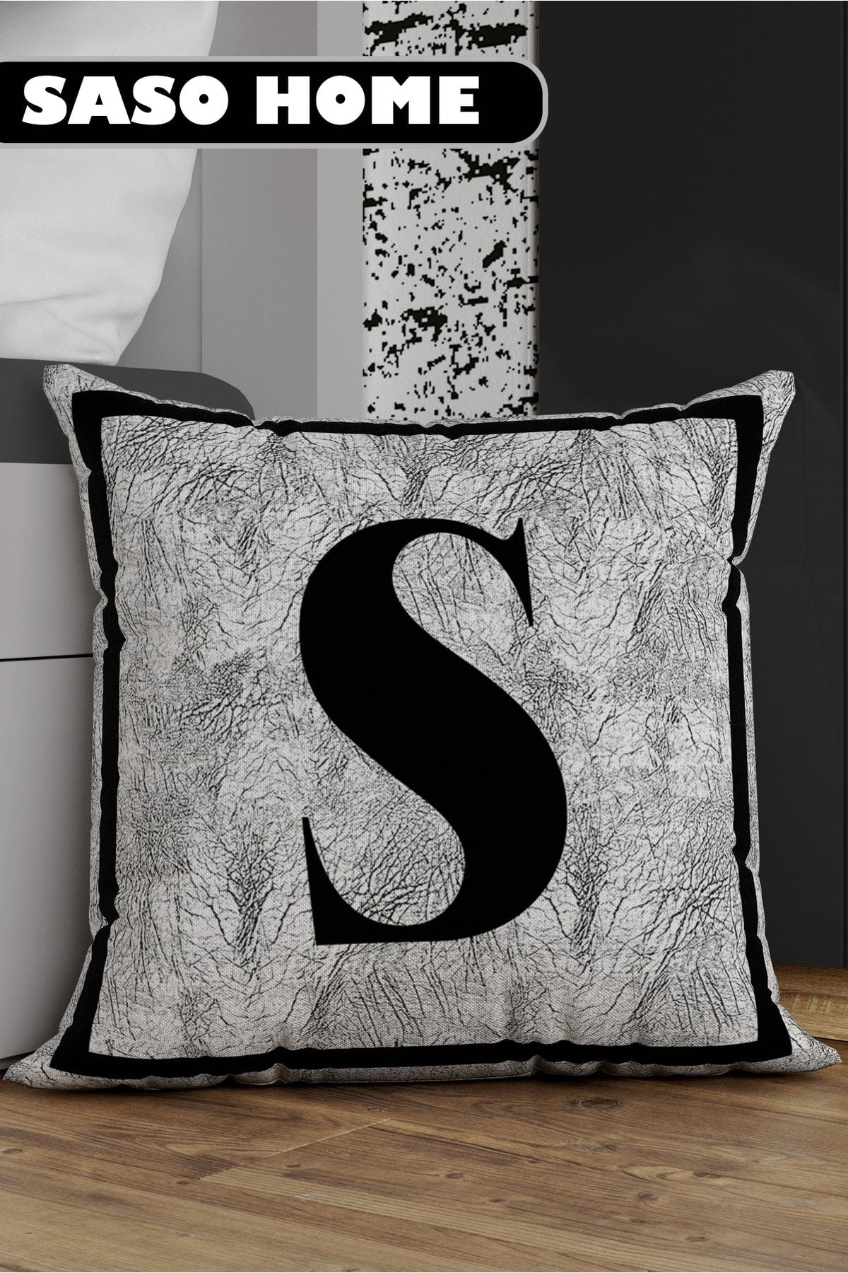 SasoHome Grey Lettered Cushion Cover - S Letter - Grey Background Decorative Gift Cushion Cover 1