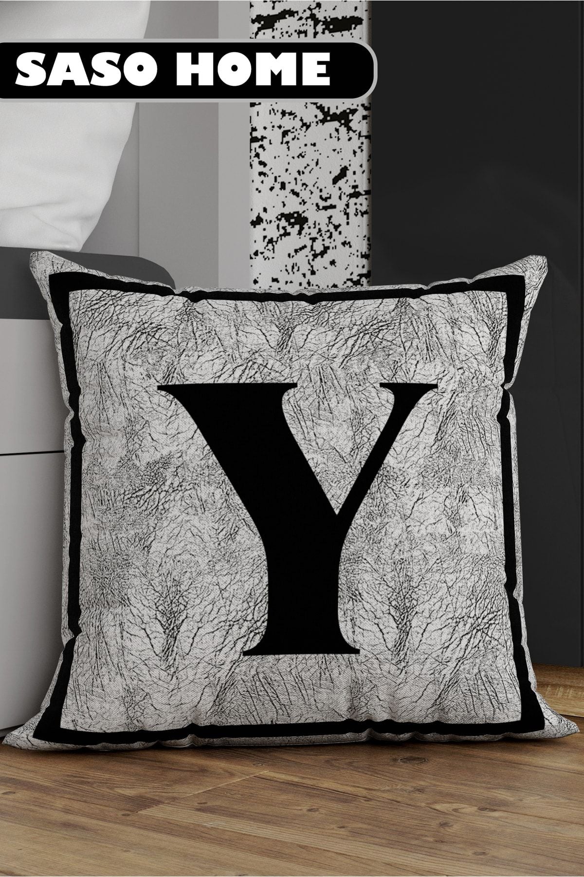 SasoHome Grey Letter Cushion Cover - Y Letter - Grey Background Decorative Gift Cushion Cover 1