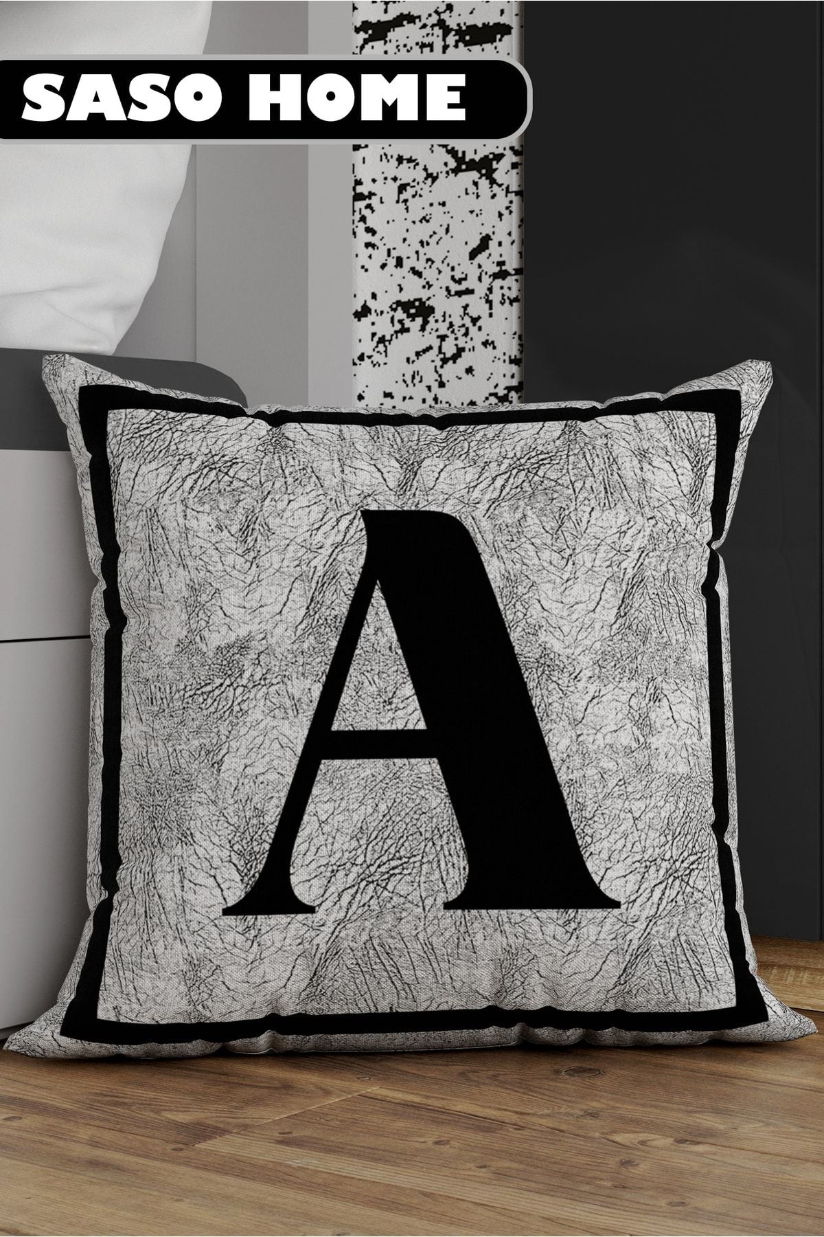 SasoHome Grey Lettered Cushion Cover - A Letter - Grey Background Decorative Gift Cushion Cover 1