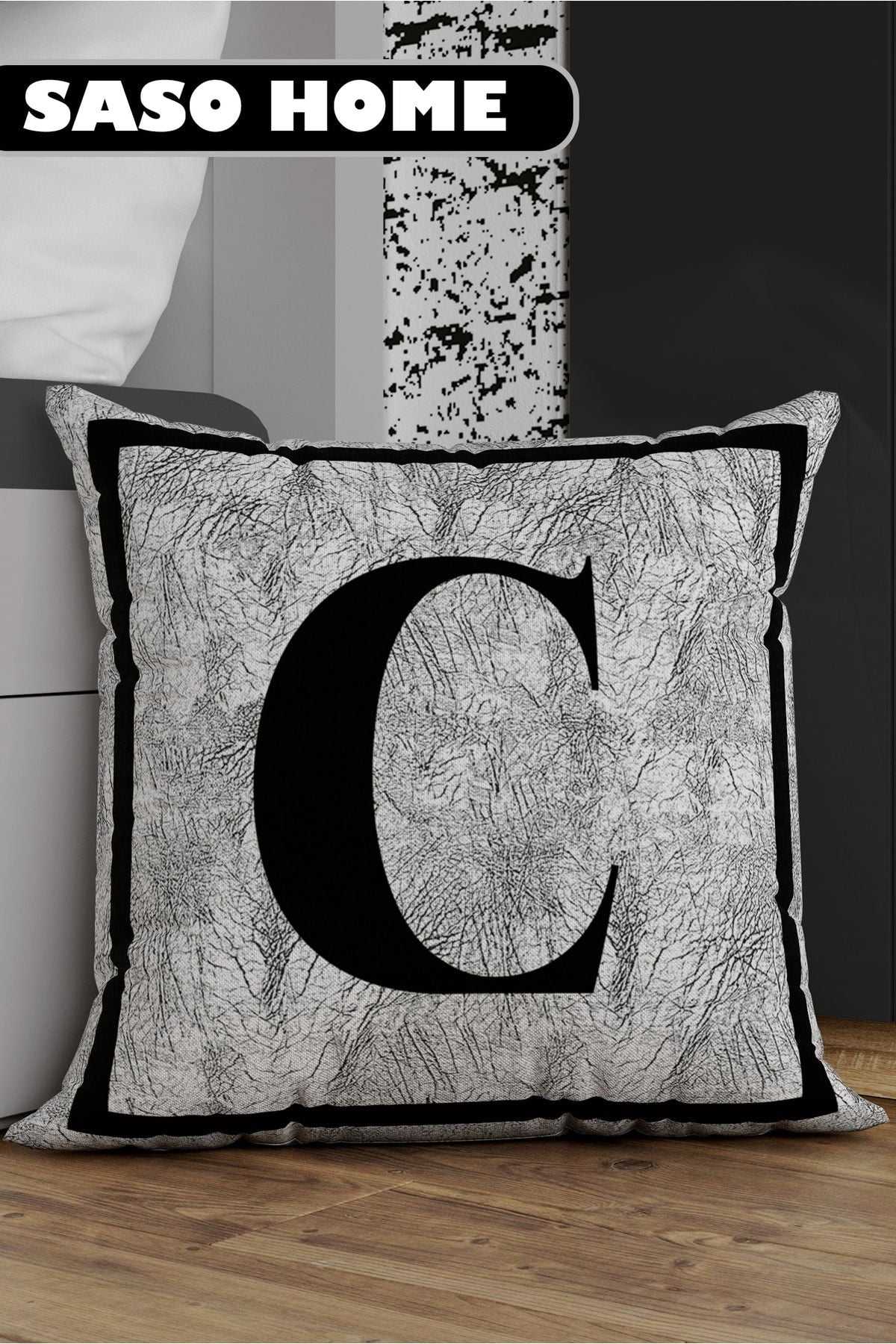 SasoHome Grey Letter Cushion Cover - Letter C - Grey Background Decorative Gift Cushion Cover 1