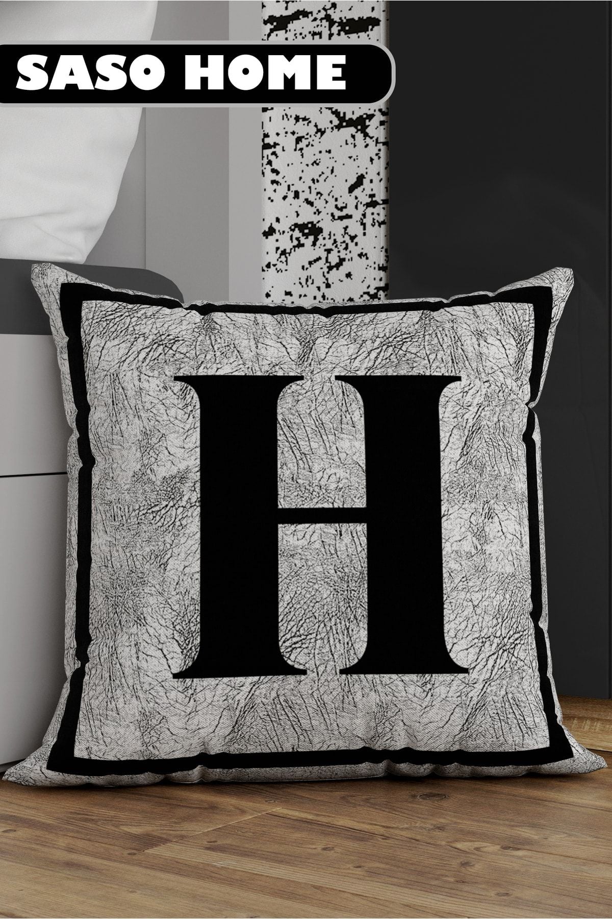 SasoHome Grey Letter Pillow Cover - H Letter - Grey Background Decorative Gift Pillow Cover 1