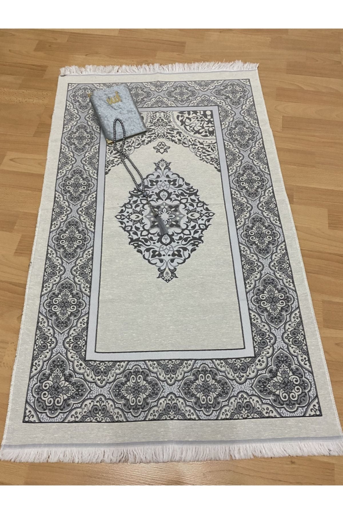 AYHANHOME Gift Set Taftah Fringed Grey Prayer Rug Yasin Tesbih 2