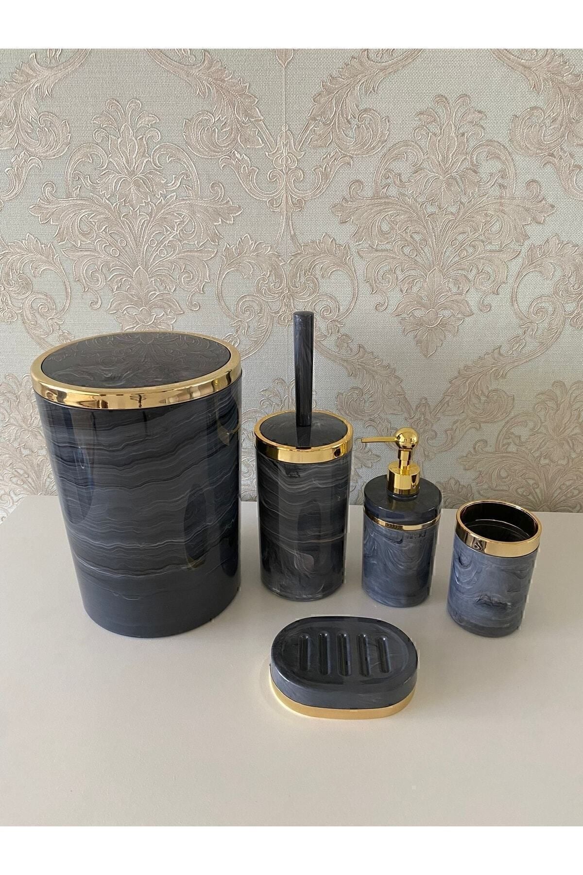 Trend Banyo Mutfak 5 Piece Marble Pattern Bathroom Set / WC Brush, Liquid - Solid Soap Dispenser, Trash Can, Toothbrush Holder 3