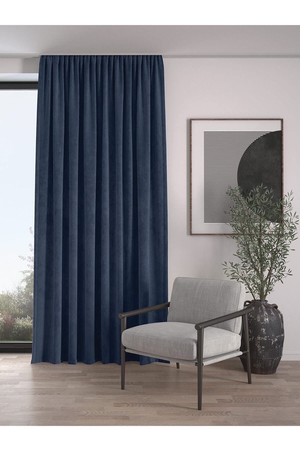 Demor Home Velvet Textured Extra Pleated Navy Blue High Quality Curtain Single Panel 1