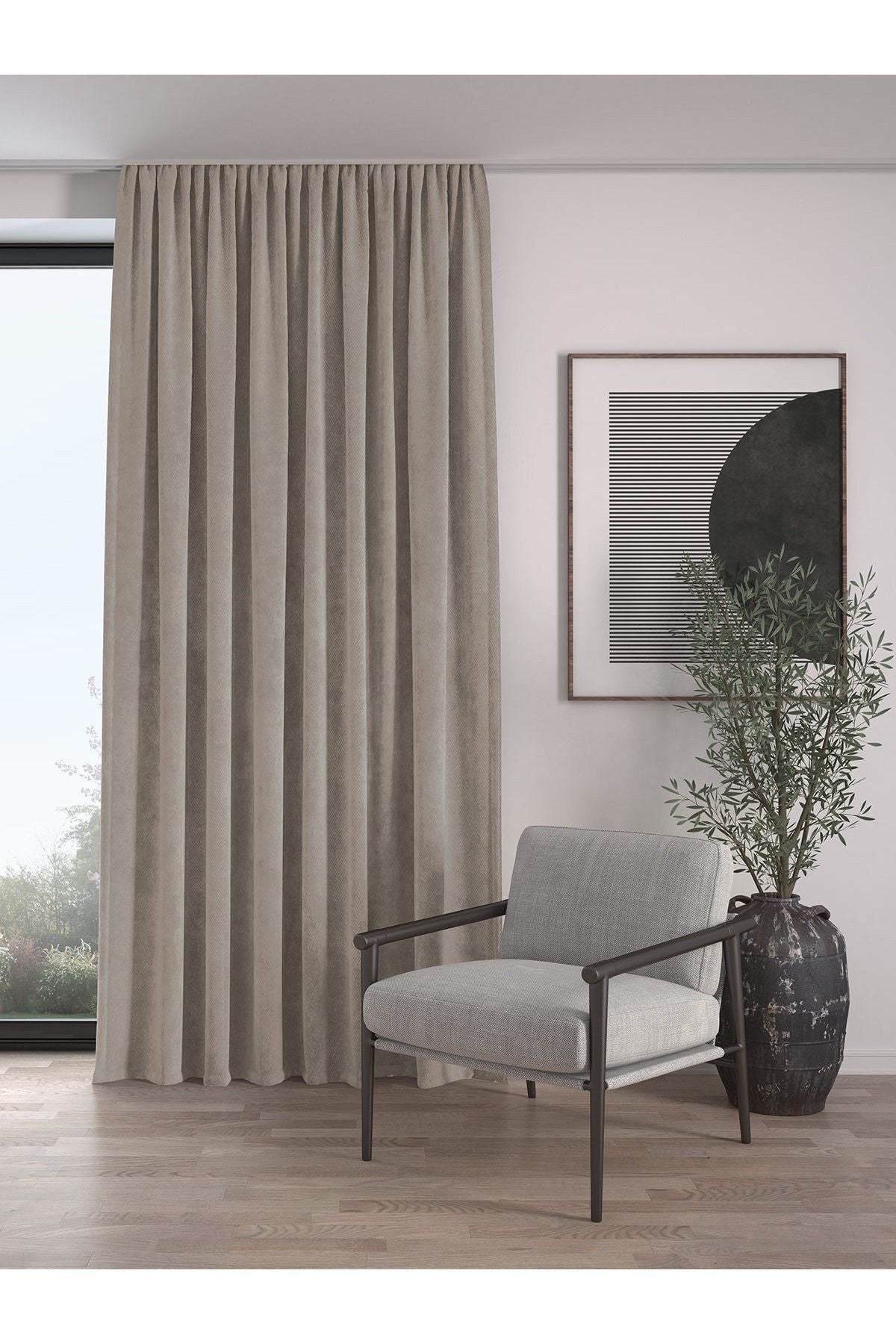 Demor Home Velvet Textured Extra Pleated Light Grey High Quality Single Panel Curtain 1