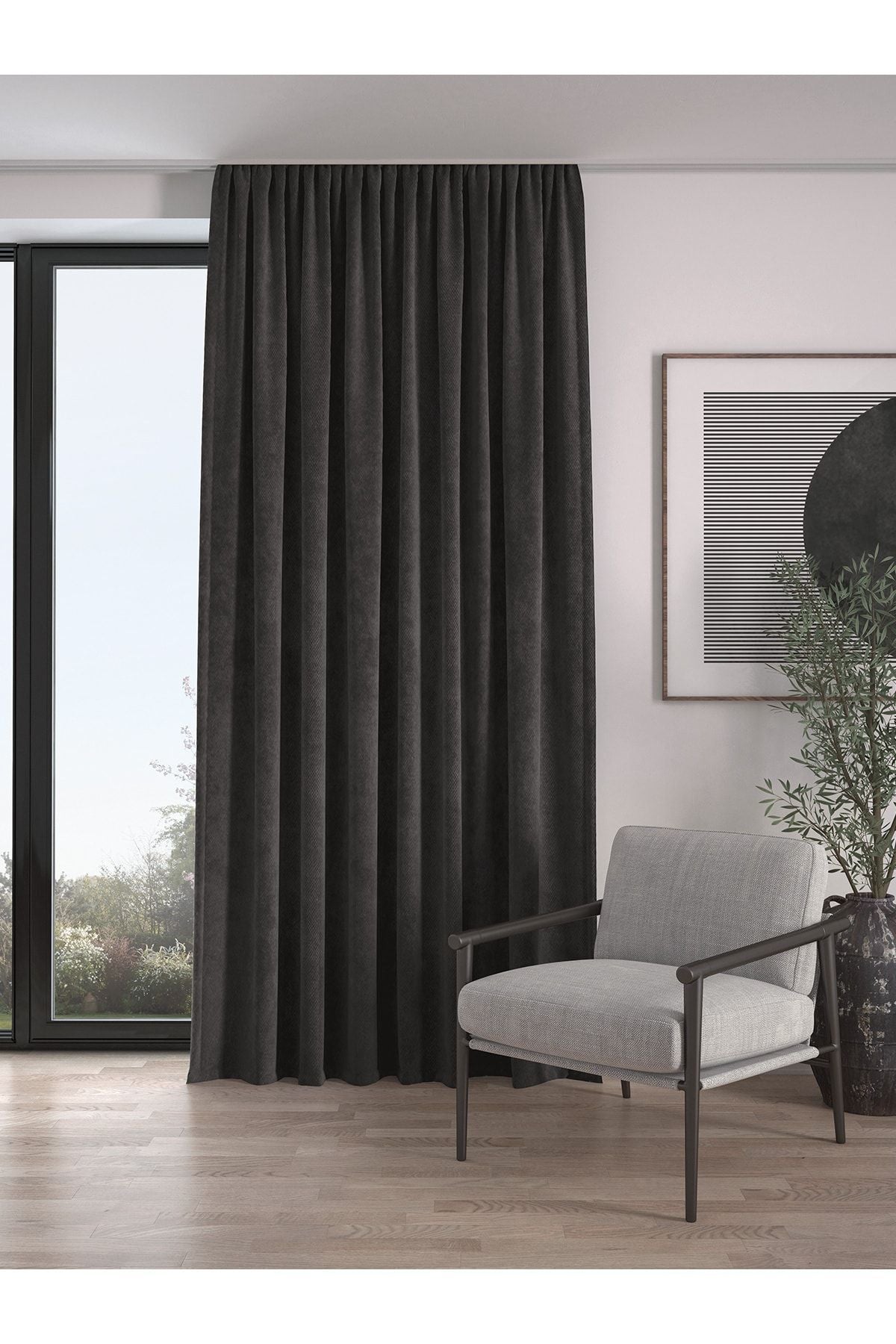 Demor Home Velvet Textured Extra Pleated Smoke High Quality Curtain Single Panel 1