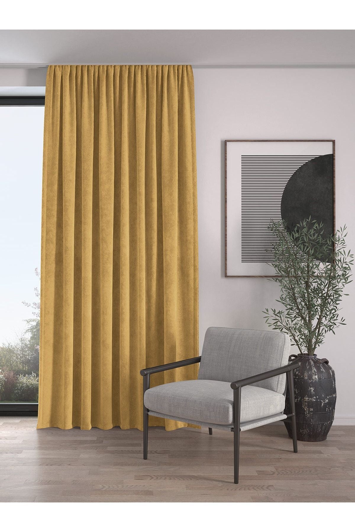 Demor Home Velvet Textured Extra Pleated Venetian Yellow High-Quality Single Panel Curtain 1