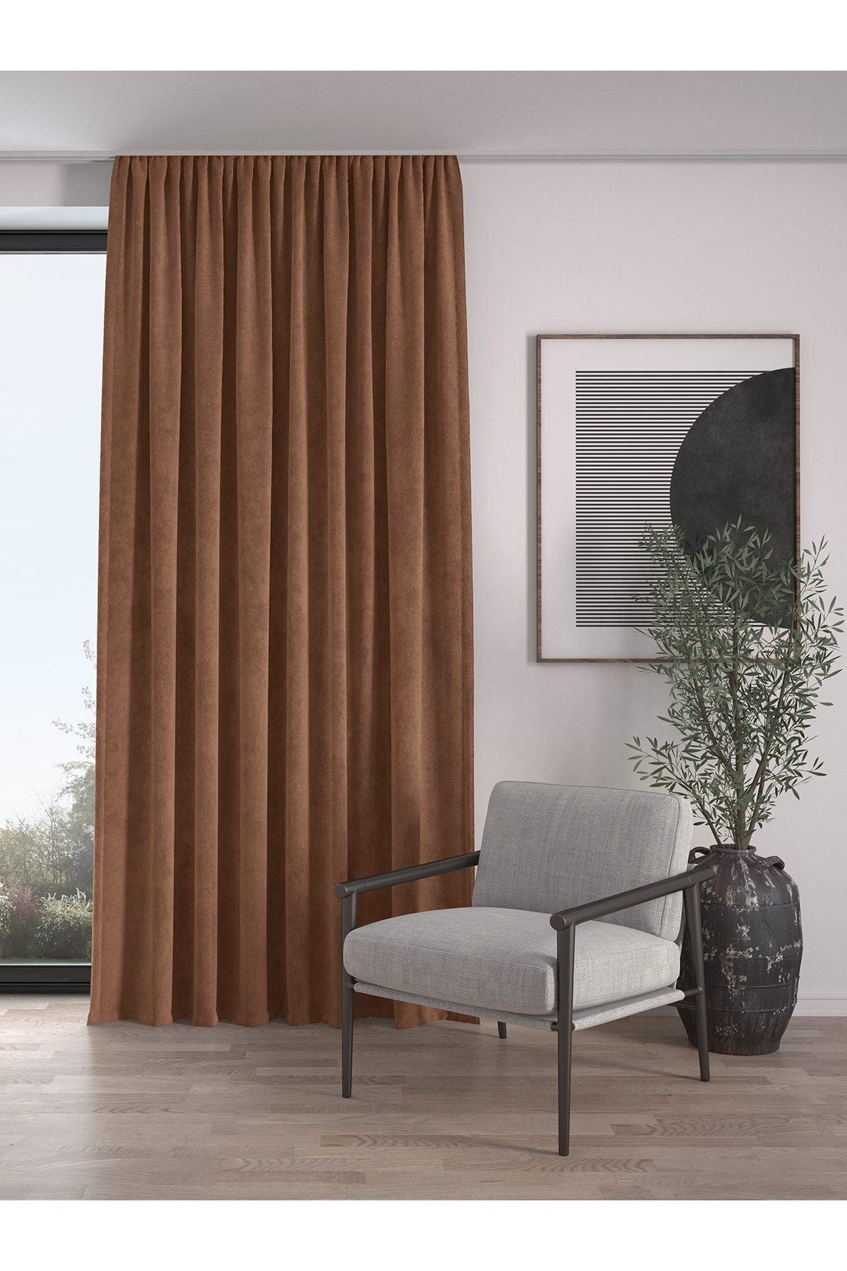 Demor Home Velvet Textured Extra Pleat Tiramisu Color High Quality Curtain Single Panel 1