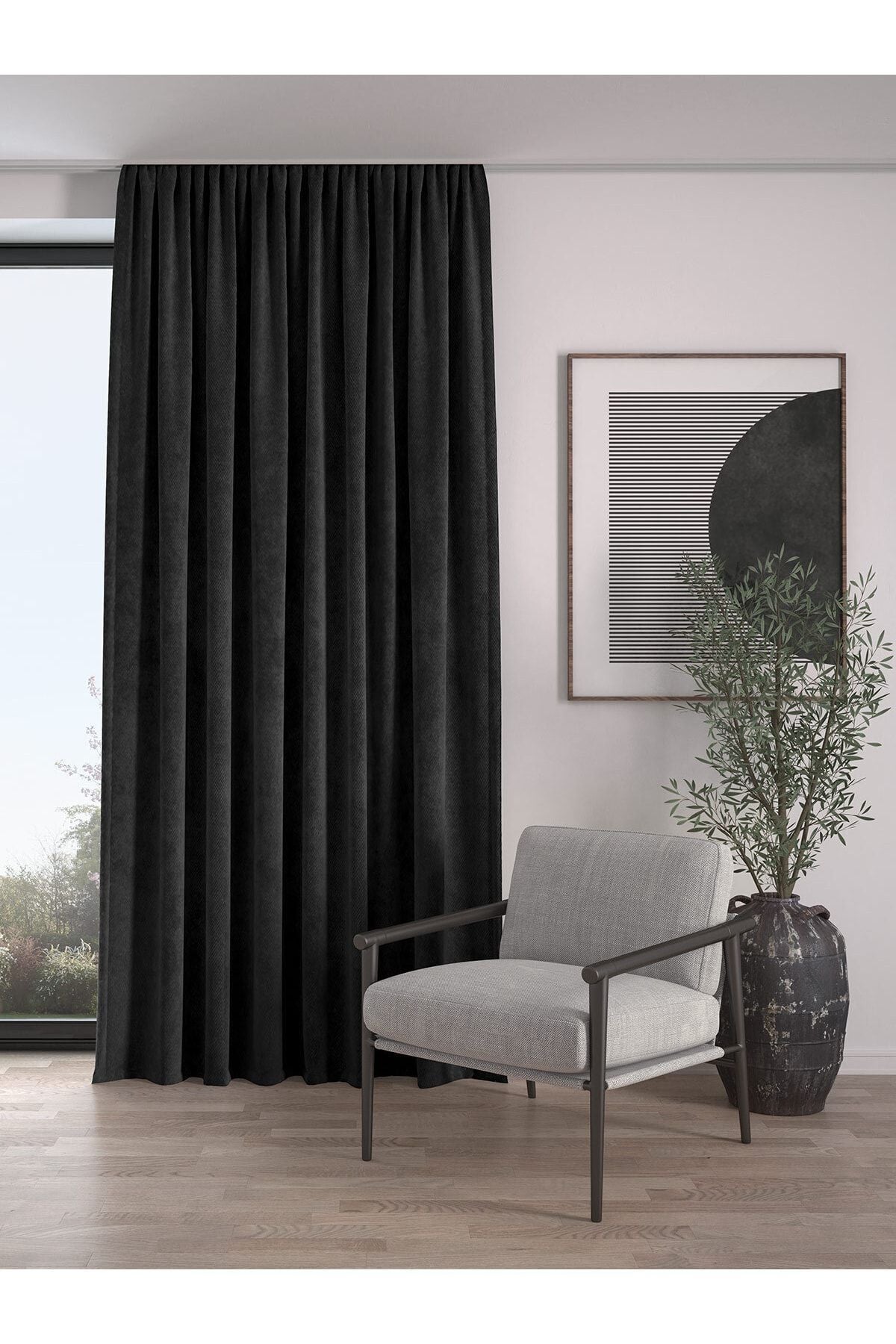 Demor Home Velvet Textured Extra Pleated Panther Black High-Quality Curtain Single Panel 1