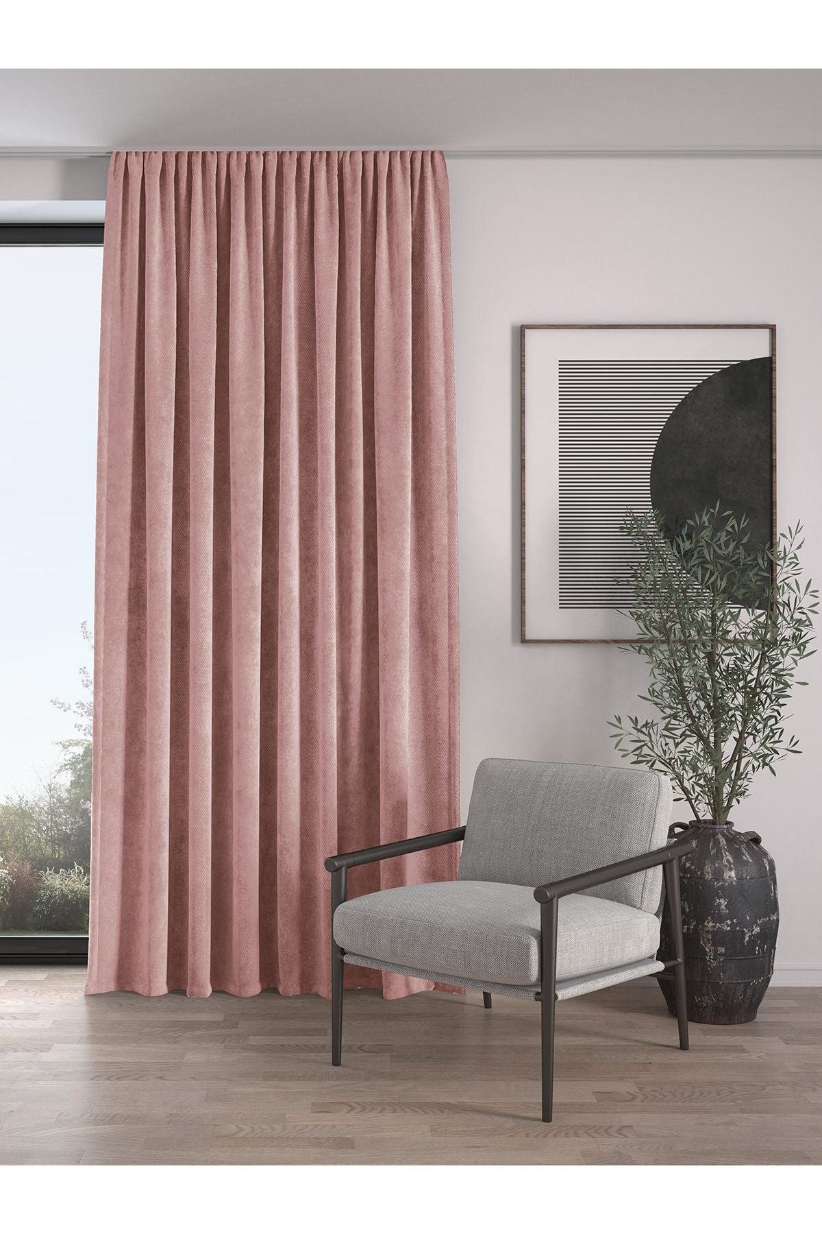 Demor Home Velvet Textured Extra Pleated Baby Pink High-Quality Curtain Single Panel 1