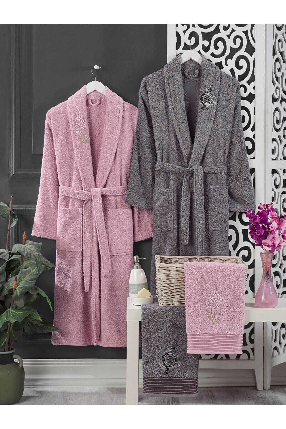 HENA DİZAYN 4 Piece Family Bathrobe Set Women Men Towel Bathrobe %100 Cotton Pink-Grey 3