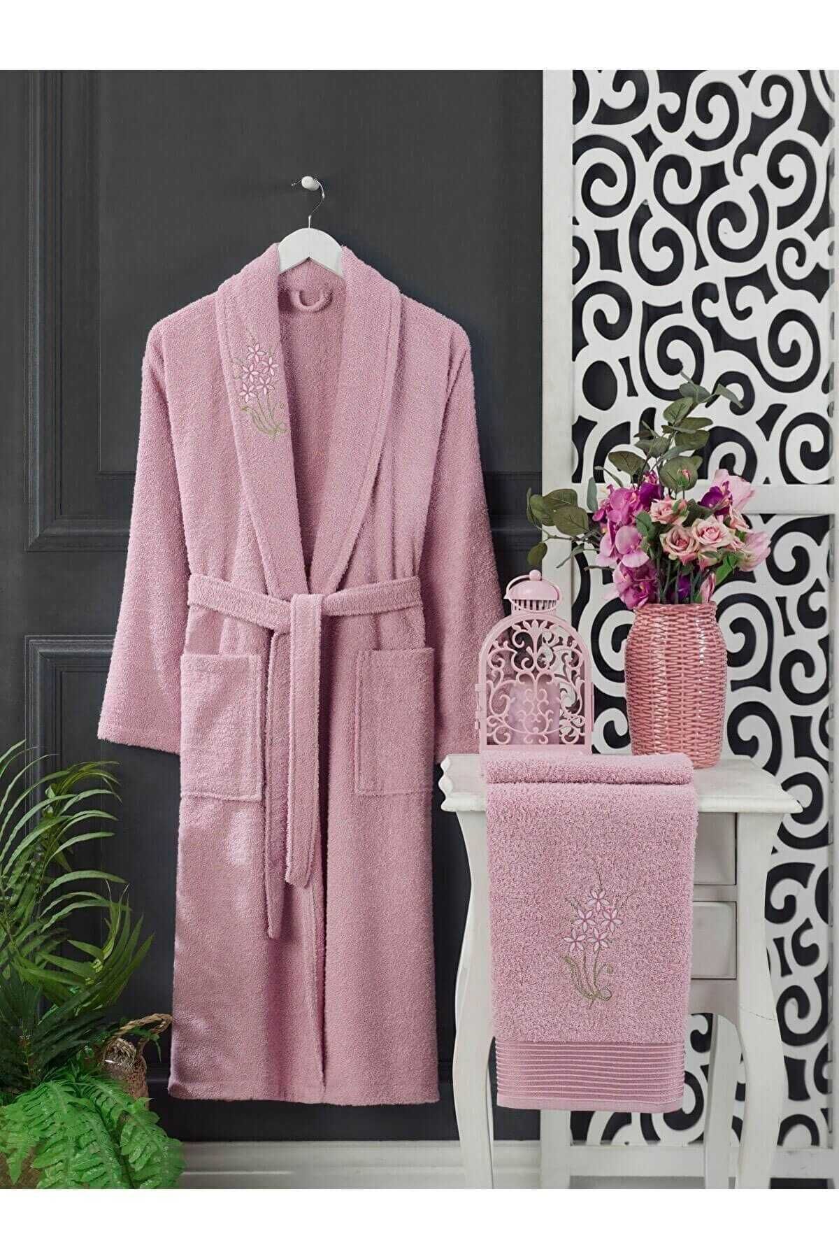 HENA DİZAYN 4 Piece Family Bathrobe Set Women Men Towel Bathrobe %100 Cotton Pink-Grey 6