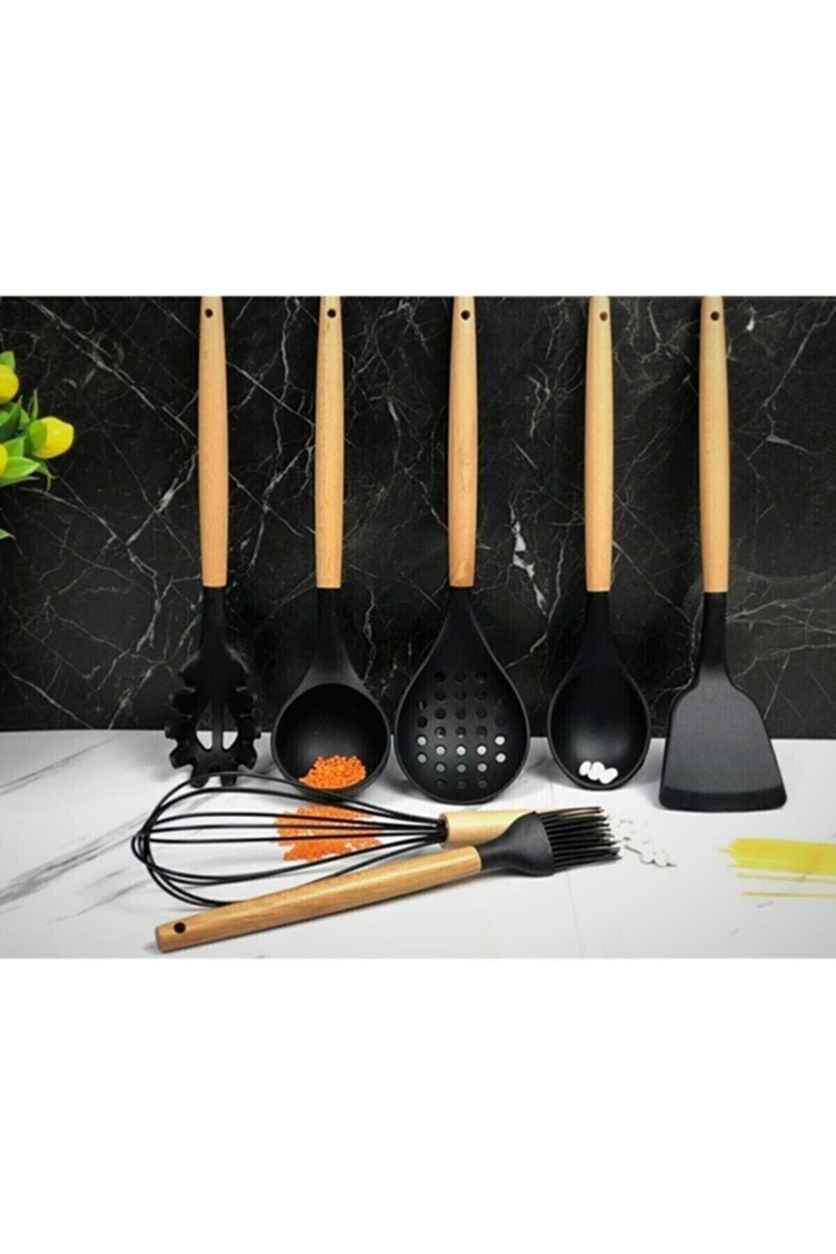 Senin Dükkanın 7 Piece Bamboo Handle Silicone Ladle Spatula Kitchen Set Black 1