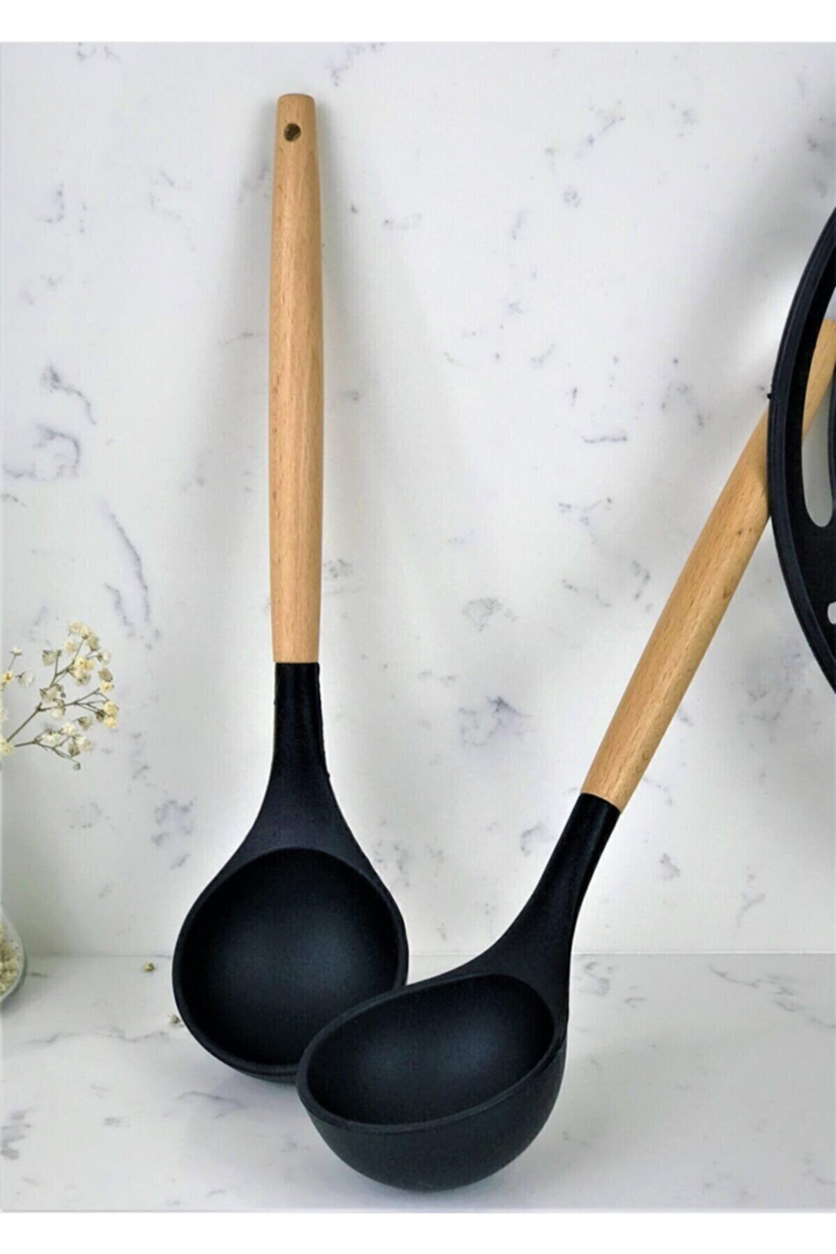 Senin Dükkanın 7 Piece Bamboo Handle Silicone Ladle Spatula Kitchen Set Black 2